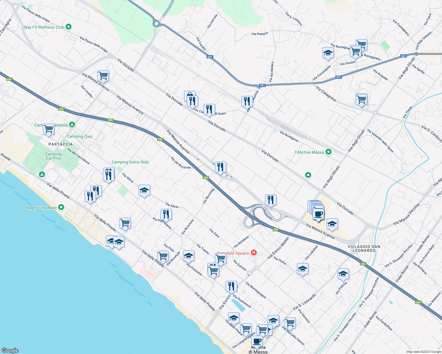 map of restaurants, bars, coffee shops, grocery stores, and more near 165 Via Massa Avenza in Massa