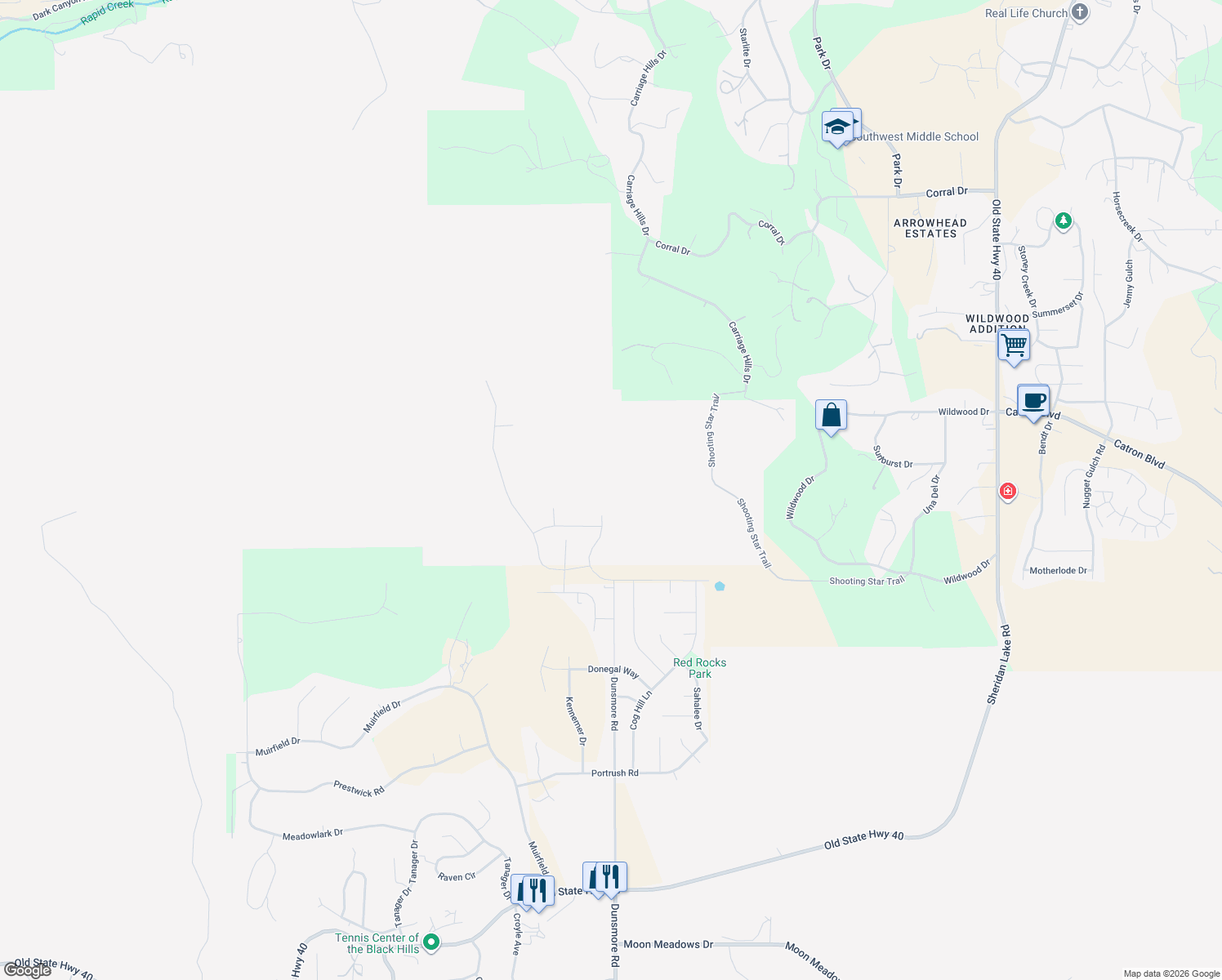 map of restaurants, bars, coffee shops, grocery stores, and more near Unnamed Road in Rapid City