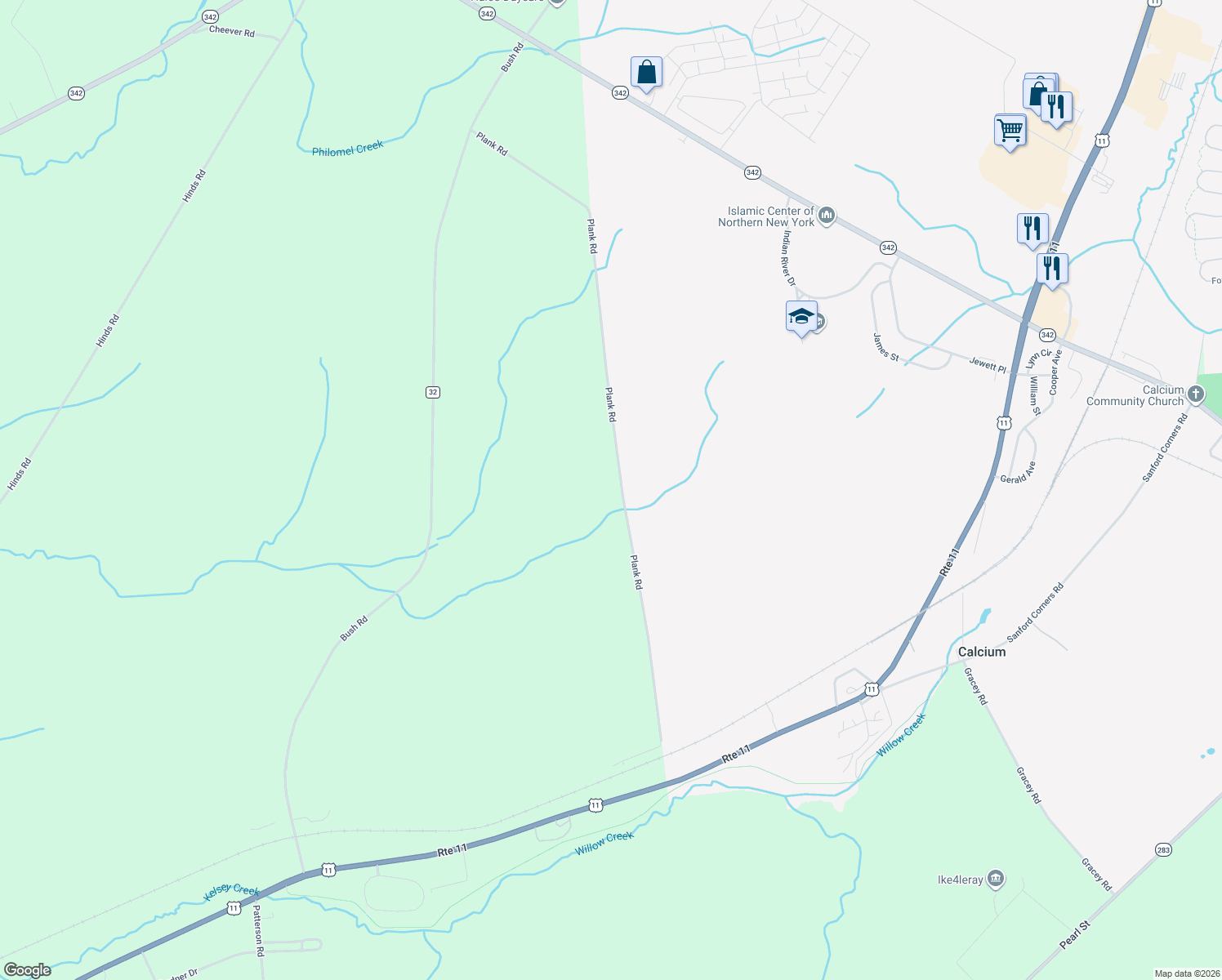 map of restaurants, bars, coffee shops, grocery stores, and more near 24977 Plank Rd in Calcium