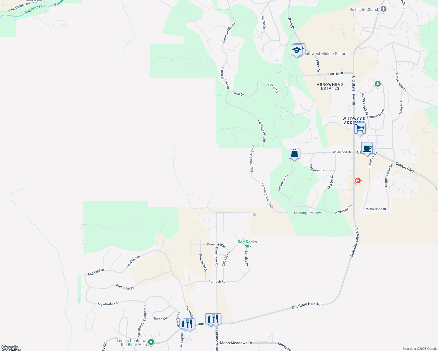 map of restaurants, bars, coffee shops, grocery stores, and more near 5511 Shooting Star Trail in Rapid City