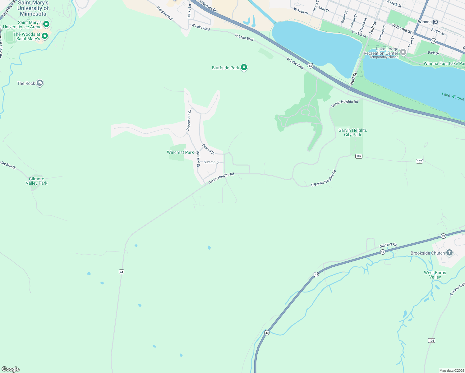 map of restaurants, bars, coffee shops, grocery stores, and more near 62 Buck Ridge Dr in Winona