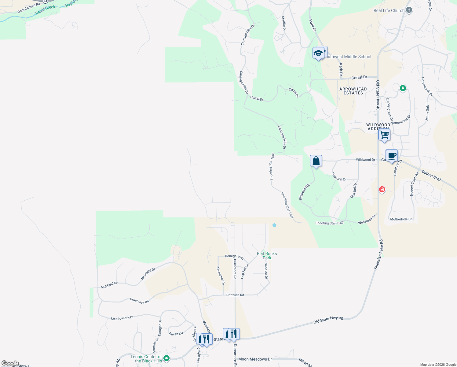 map of restaurants, bars, coffee shops, grocery stores, and more near Unnamed Road in Rapid City