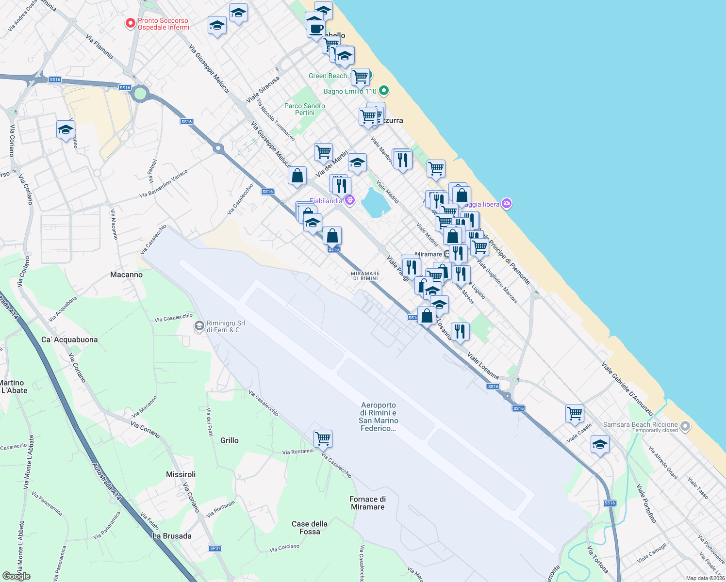 map of restaurants, bars, coffee shops, grocery stores, and more near Via Flaminia in Rimini