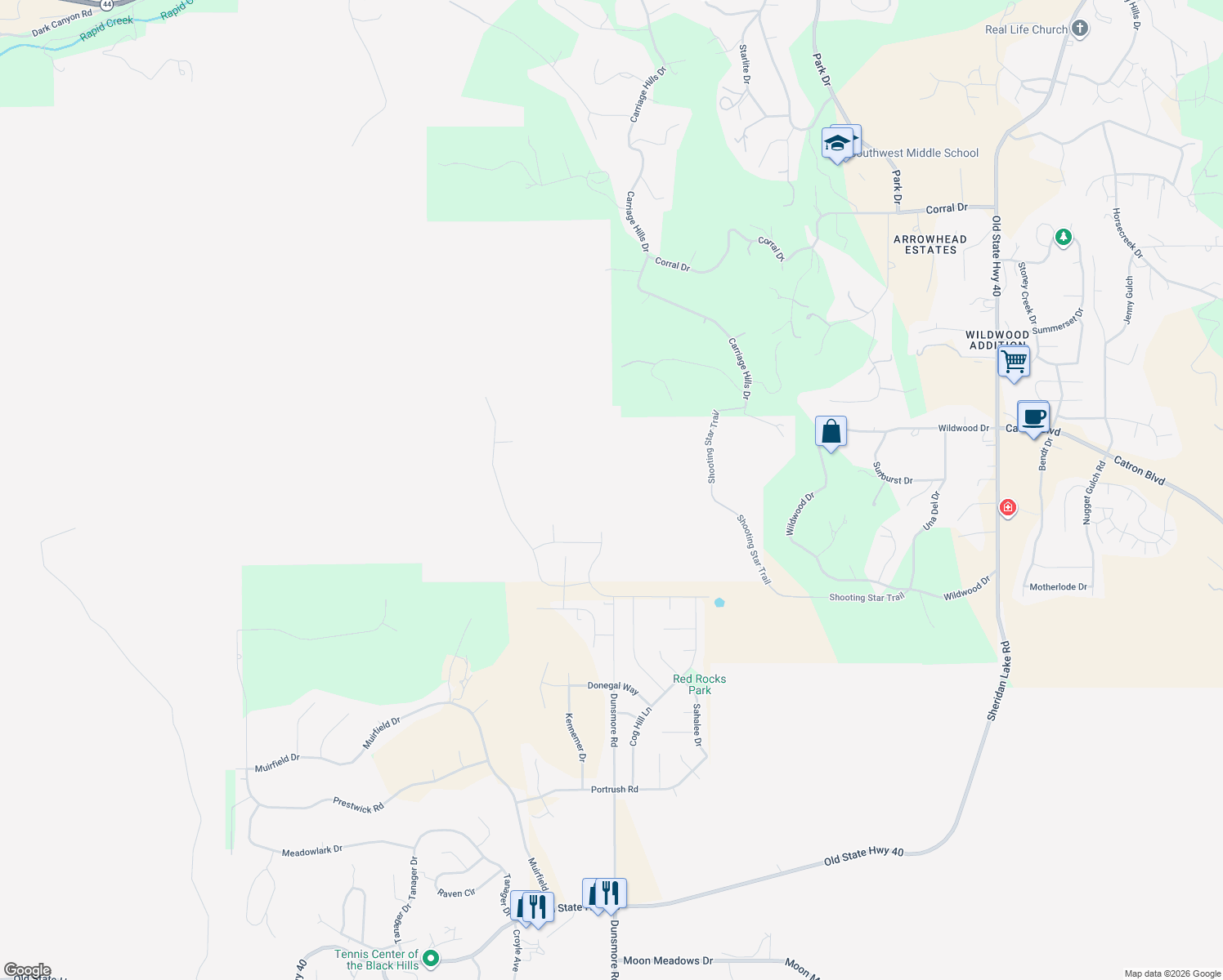 map of restaurants, bars, coffee shops, grocery stores, and more near Unnamed Road in Rapid City