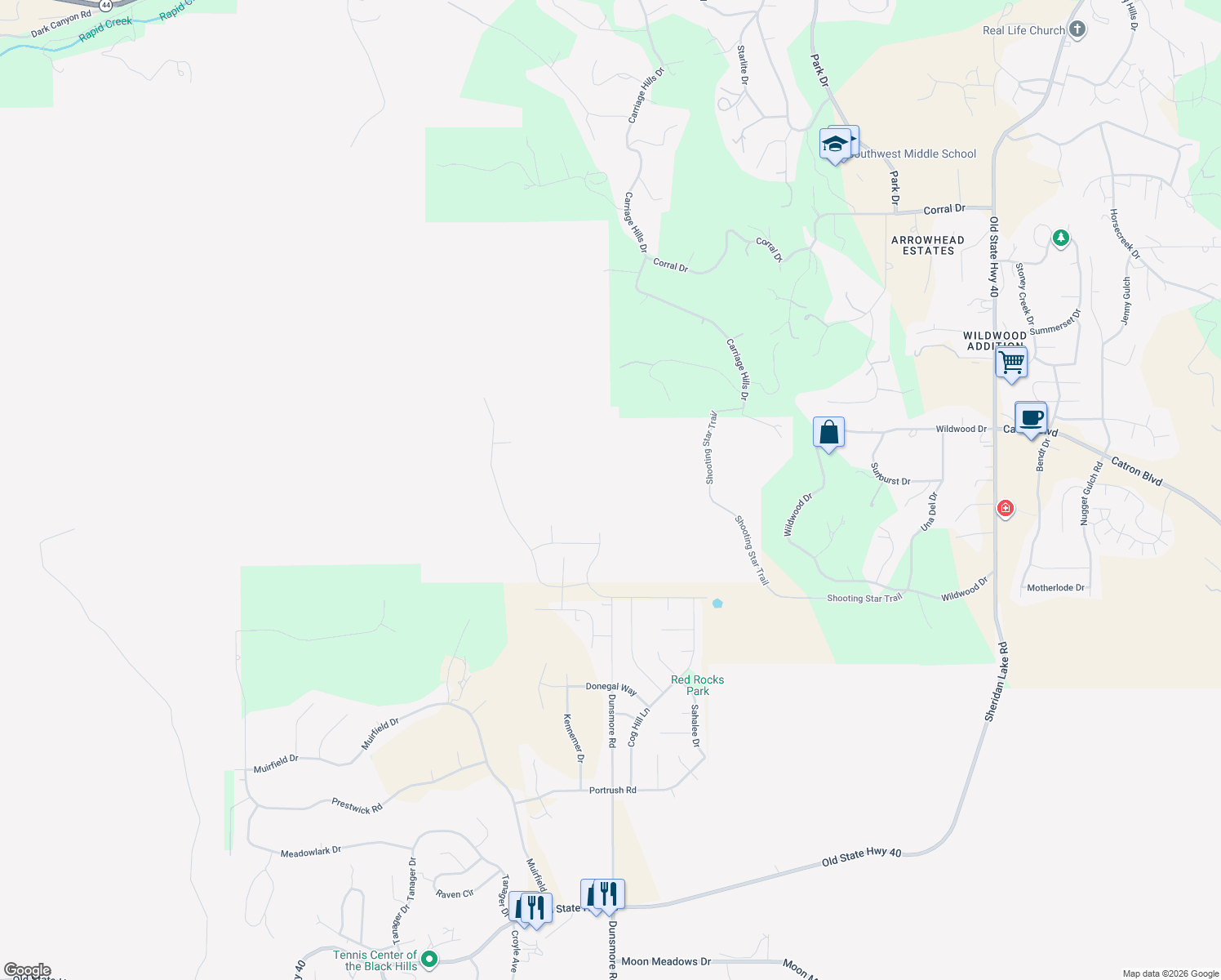 map of restaurants, bars, coffee shops, grocery stores, and more near Unnamed Road in Rapid City