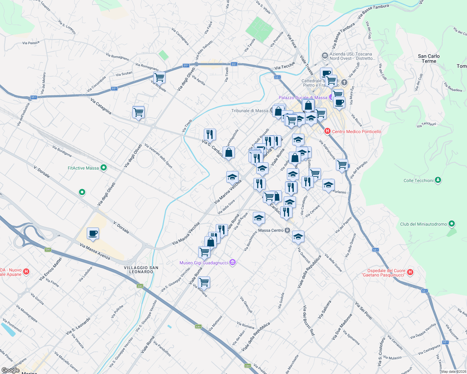 map of restaurants, bars, coffee shops, grocery stores, and more near 171 Via Marina Vecchia in Massa