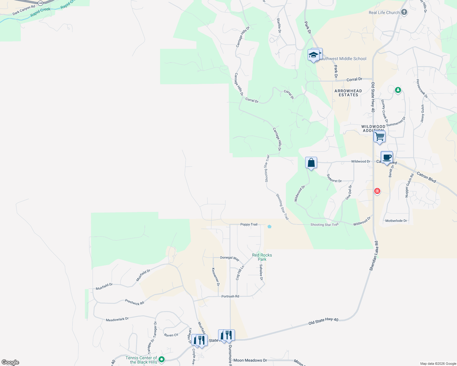 map of restaurants, bars, coffee shops, grocery stores, and more near Unnamed Road in Rapid City