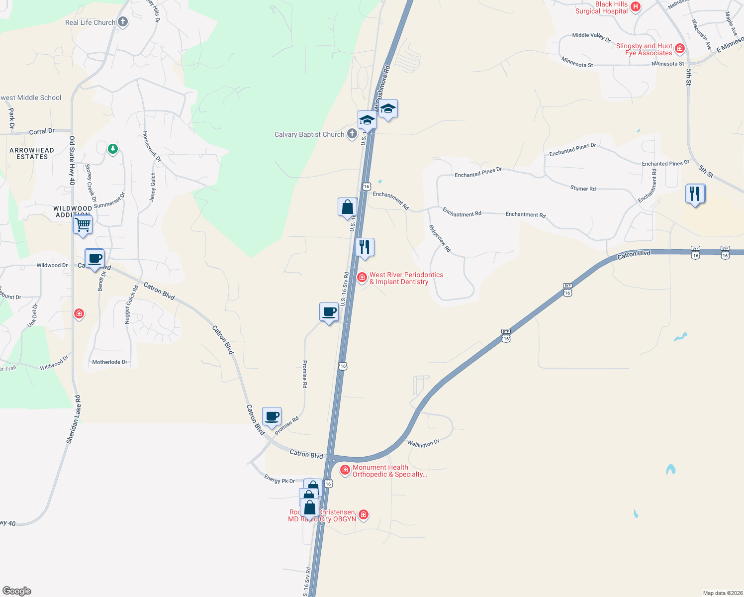 map of restaurants, bars, coffee shops, grocery stores, and more near 1657 Tablerock Road in Rapid City