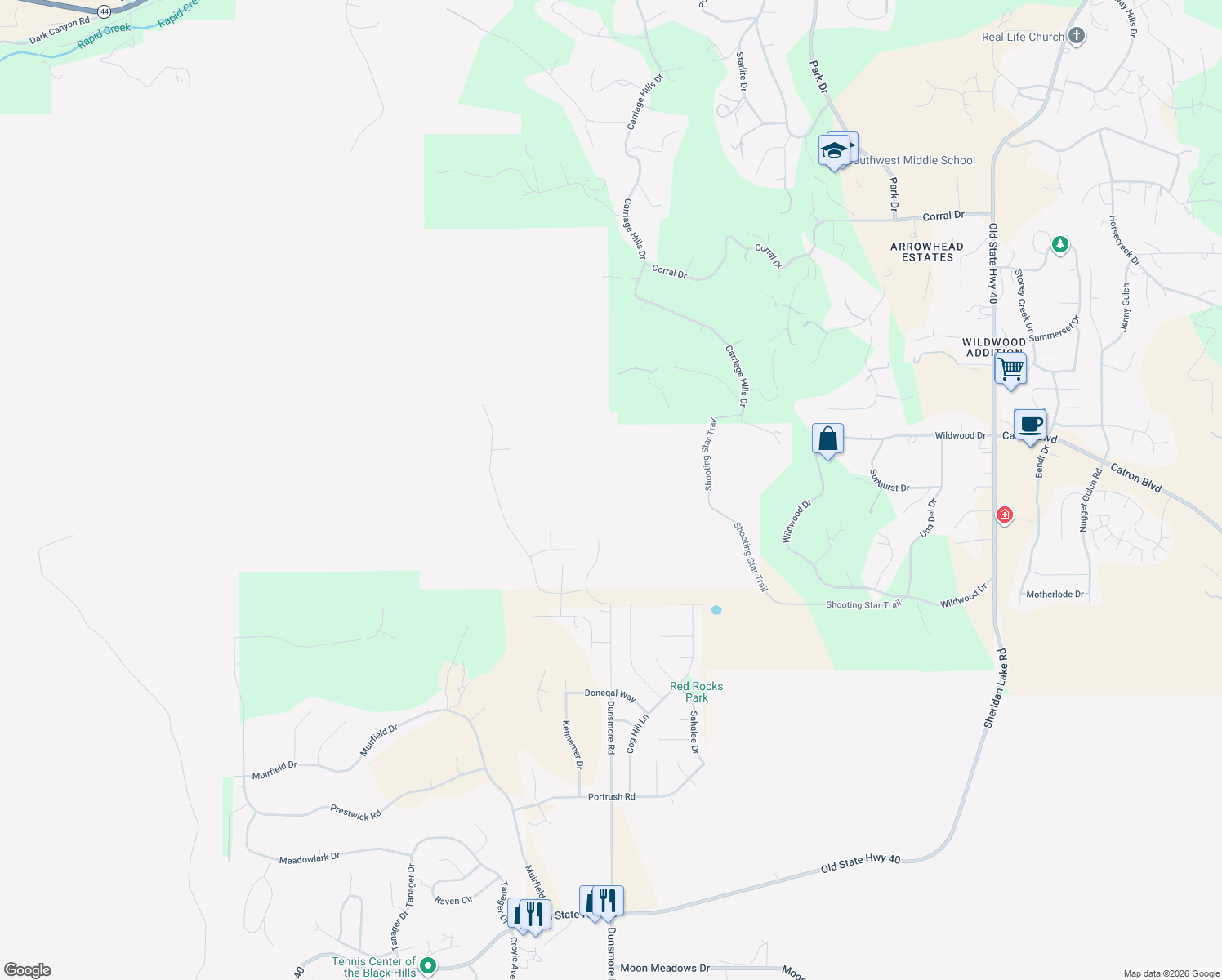 map of restaurants, bars, coffee shops, grocery stores, and more near Unnamed Road in Rapid City