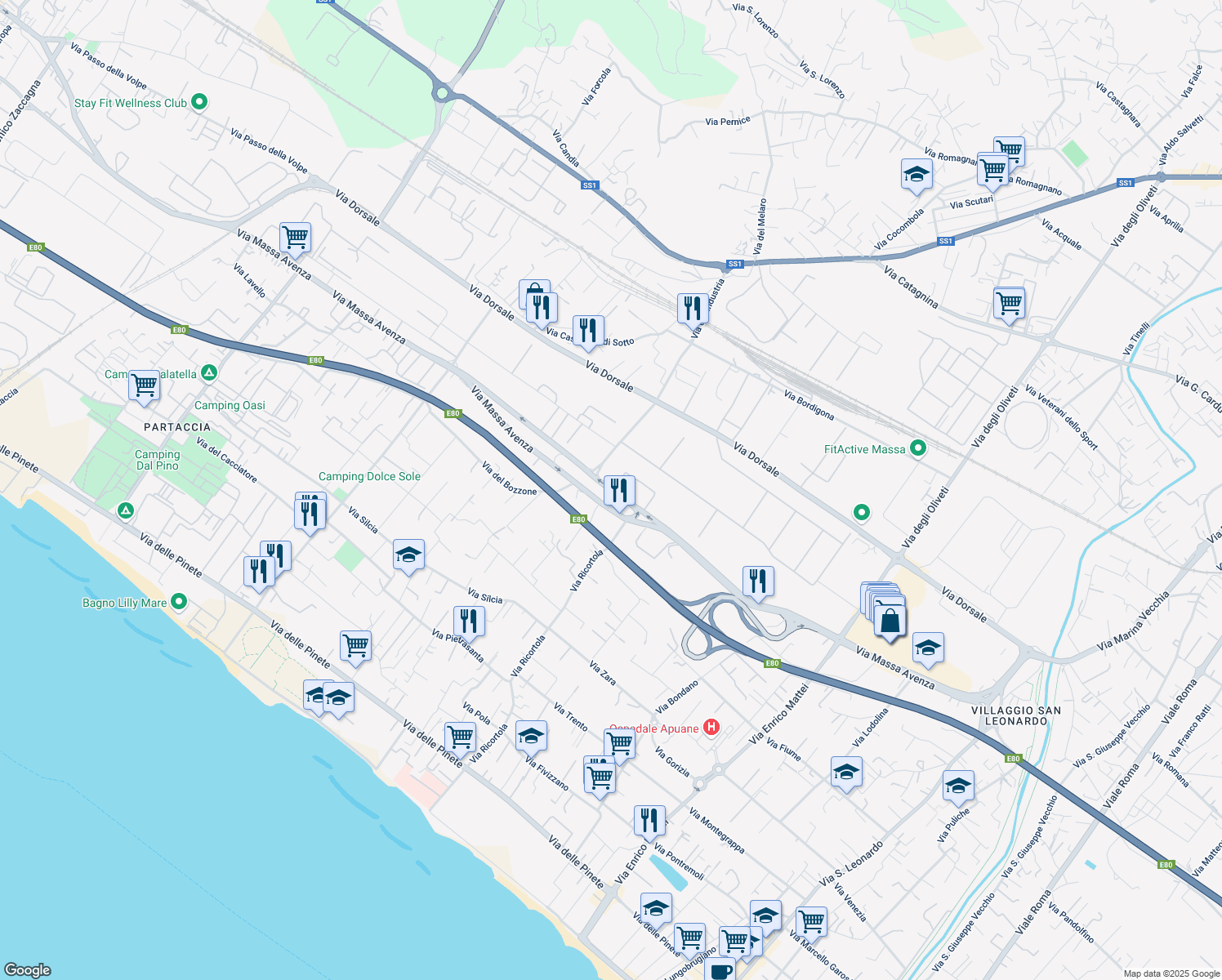 map of restaurants, bars, coffee shops, grocery stores, and more near 131-165 Via Massa Avenza in Massa