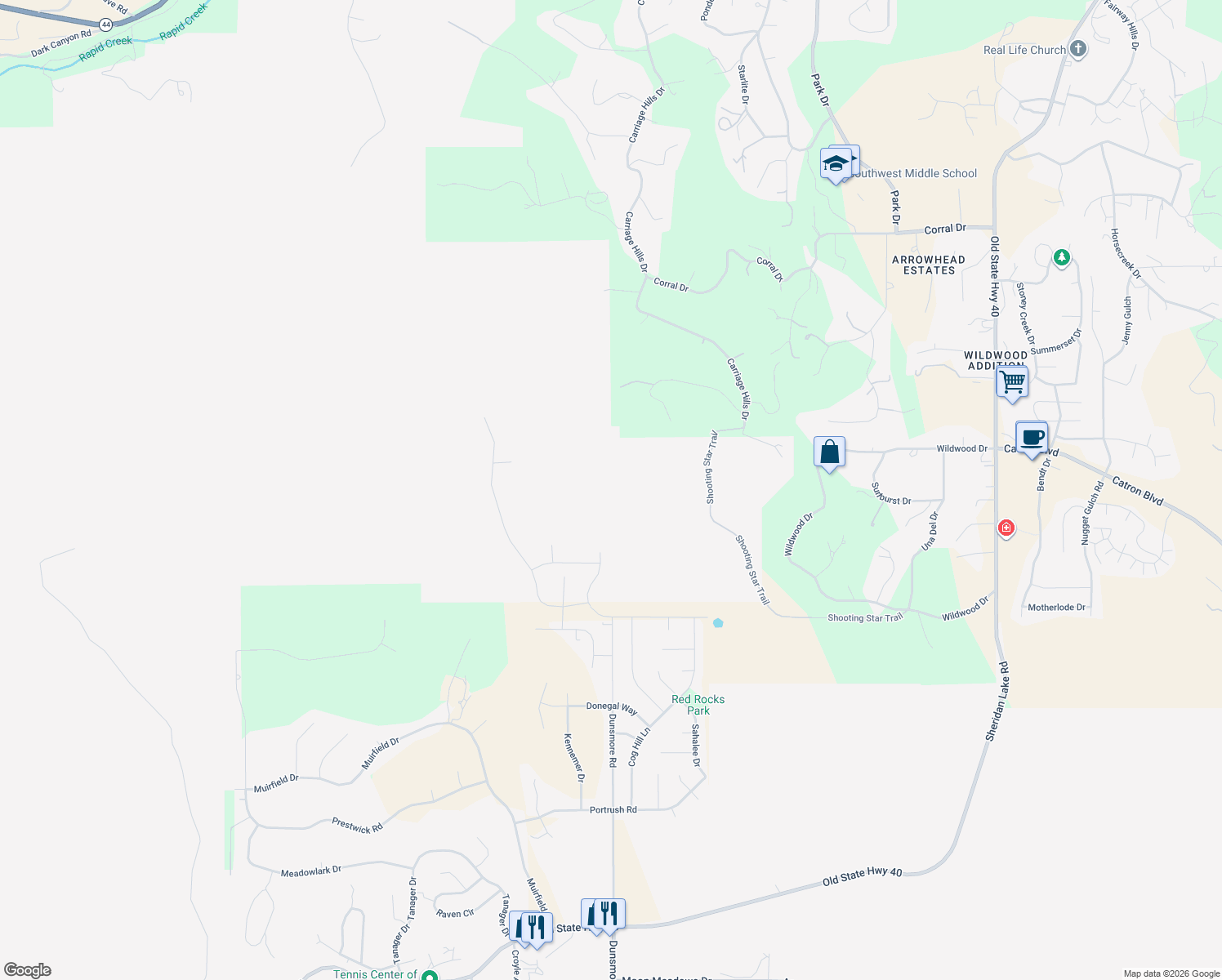 map of restaurants, bars, coffee shops, grocery stores, and more near 4248 Westview Estates Drive in Rapid City