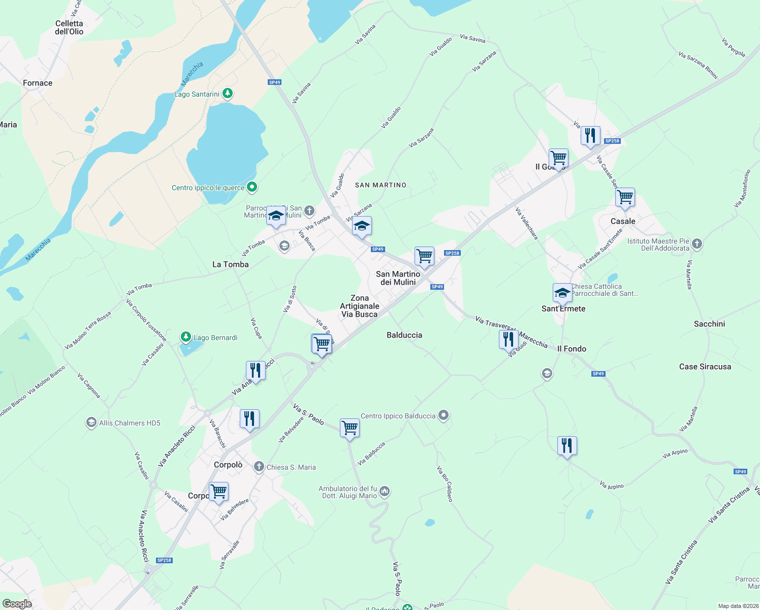 map of restaurants, bars, coffee shops, grocery stores, and more near 2106 Via Marecchiese in Provincia di Rimini