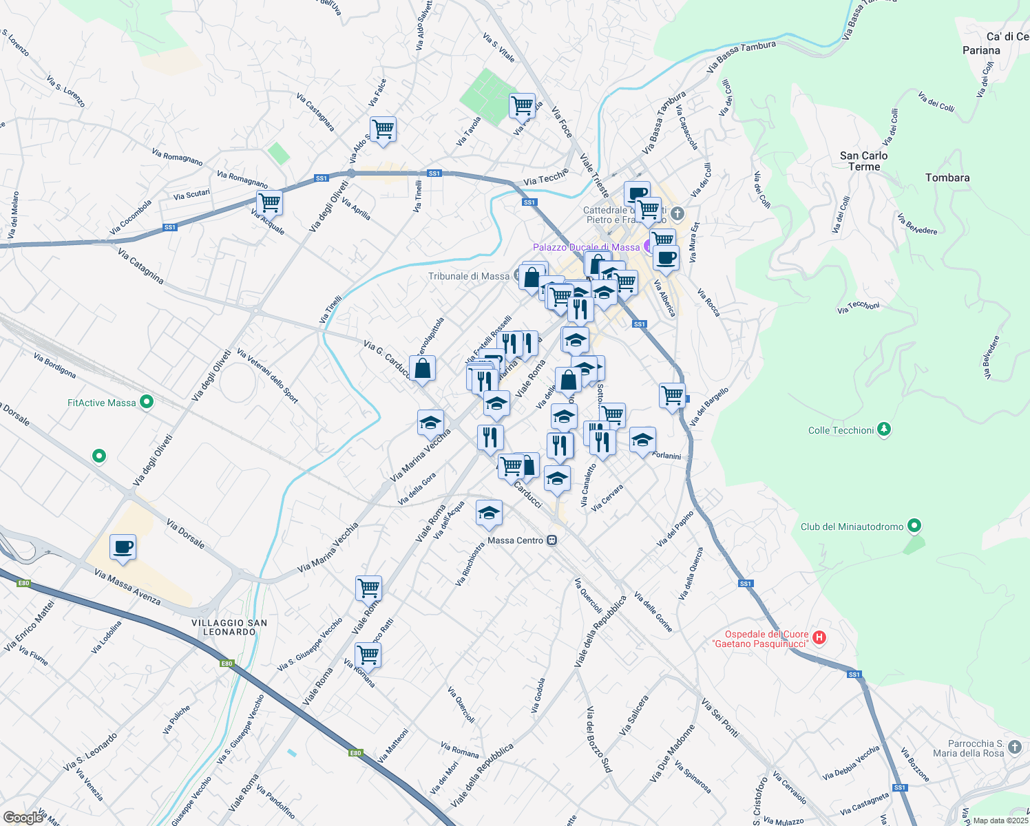 map of restaurants, bars, coffee shops, grocery stores, and more near 73 Viale Roma in Massa