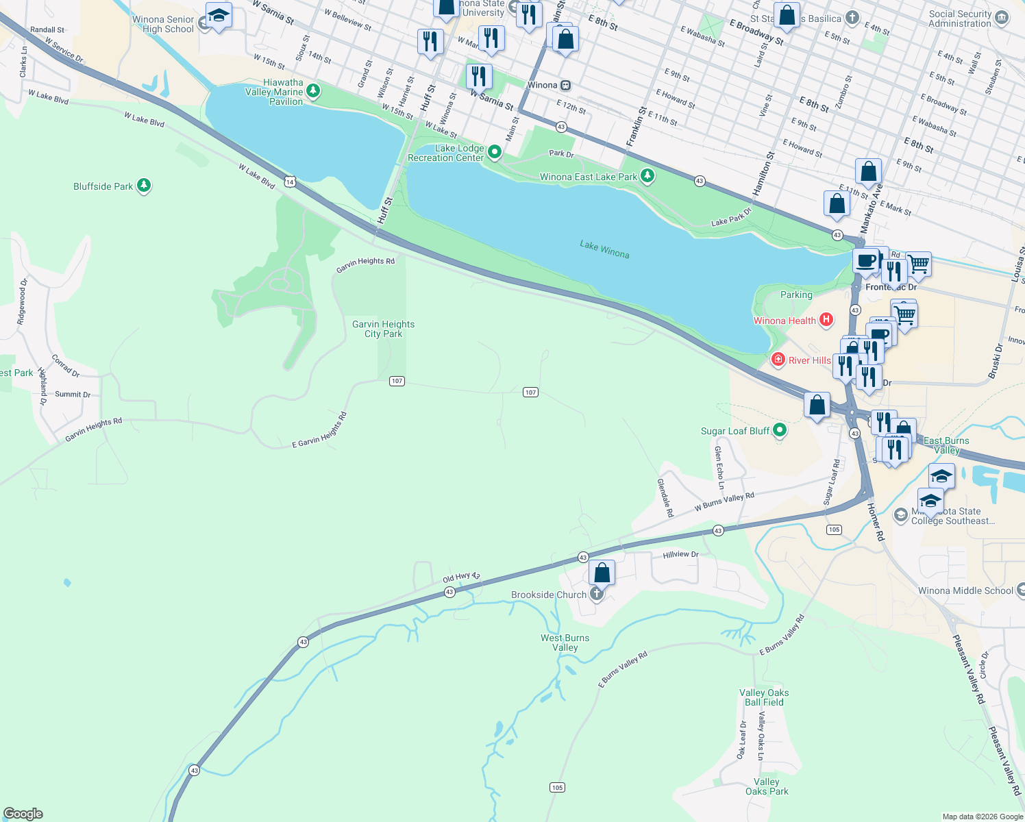 map of restaurants, bars, coffee shops, grocery stores, and more near 58 Wildridge Dr in Winona