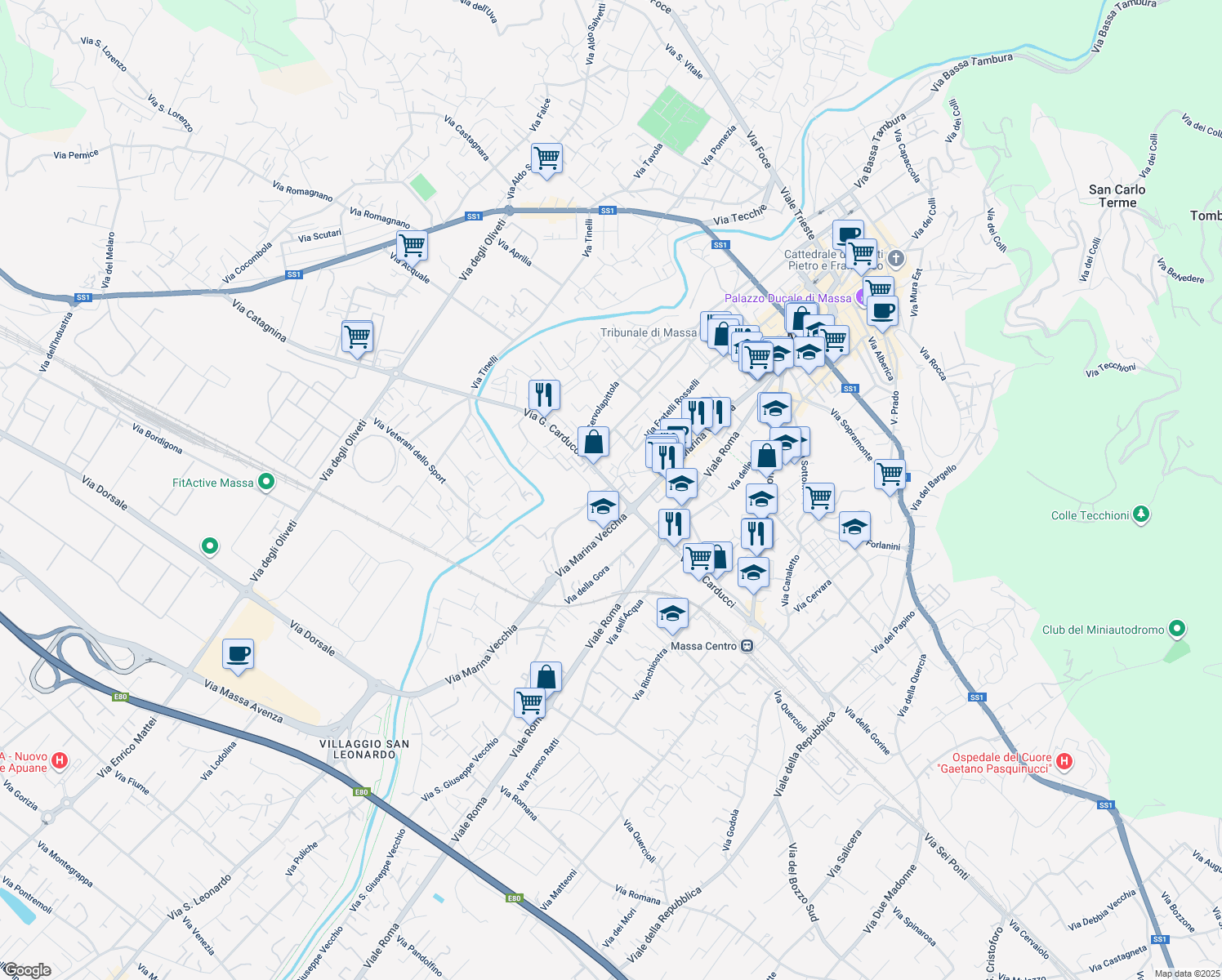 map of restaurants, bars, coffee shops, grocery stores, and more near 101 Via G. Carducci in Massa