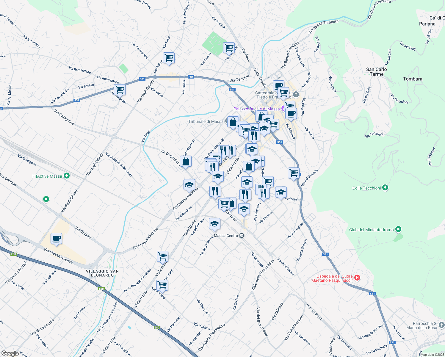 map of restaurants, bars, coffee shops, grocery stores, and more near 73 Viale Roma in Massa