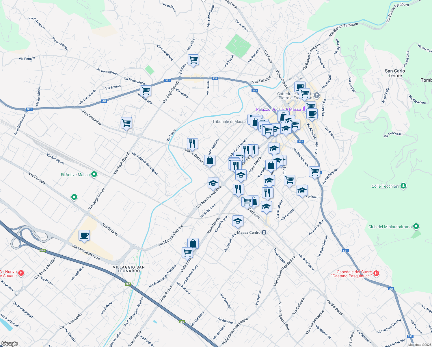 map of restaurants, bars, coffee shops, grocery stores, and more near 101 Via Giosuè Carducci in Massa