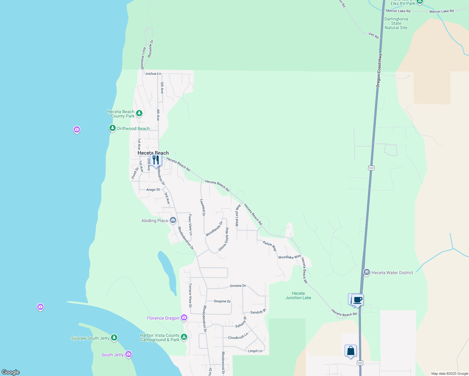 map of restaurants, bars, coffee shops, grocery stores, and more near 4899 Heceta Beach Rd in Florence
