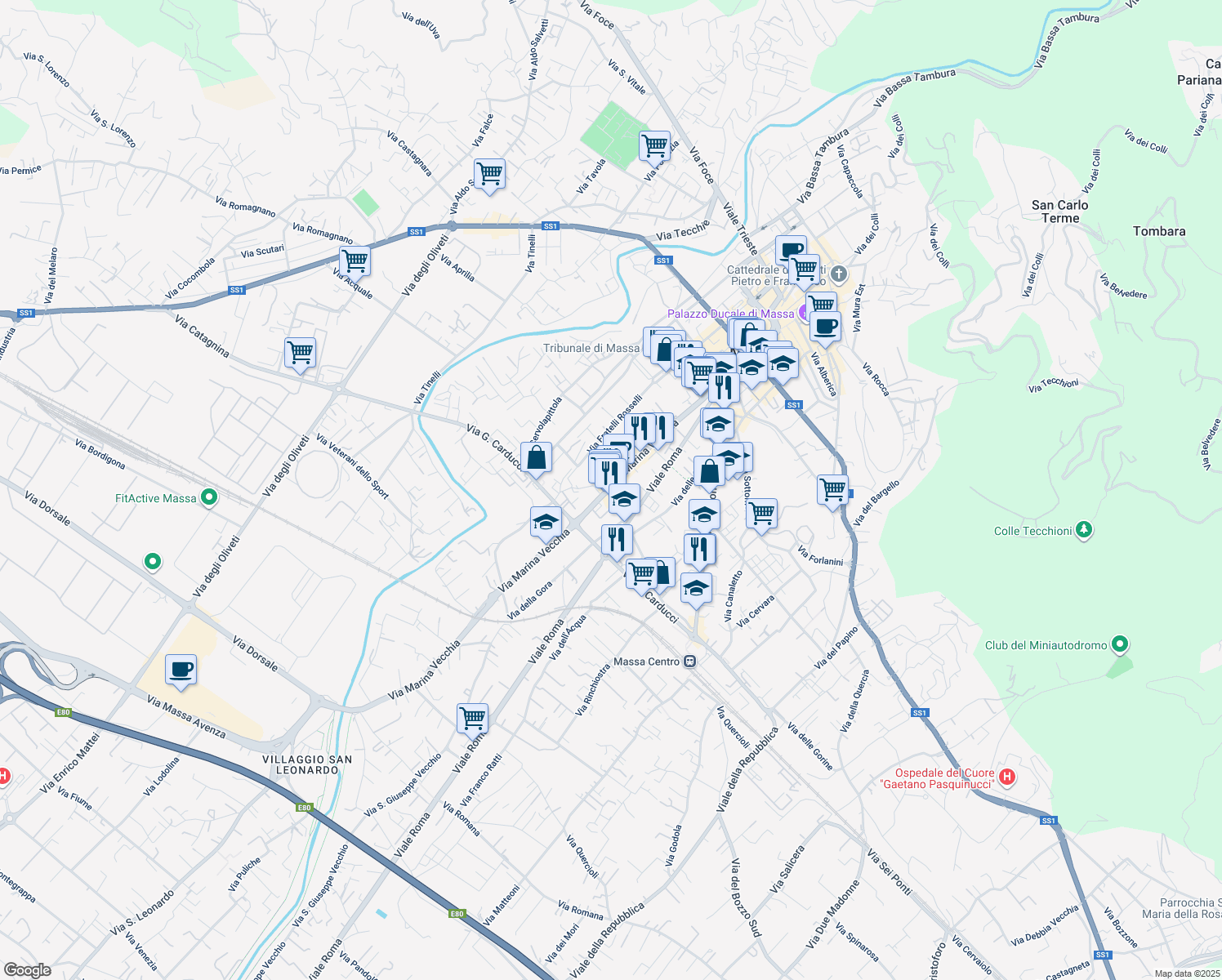map of restaurants, bars, coffee shops, grocery stores, and more near 1 Via Poggioletto in Massa
