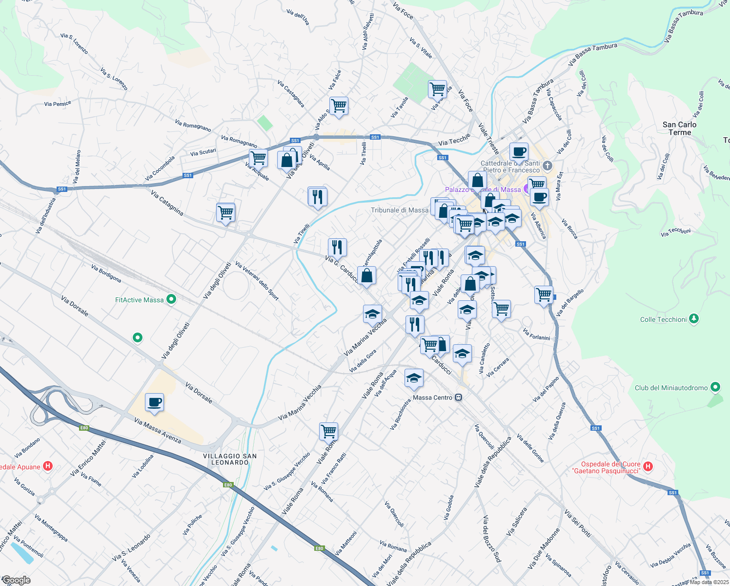 map of restaurants, bars, coffee shops, grocery stores, and more near 141 Via G. Carducci in Massa