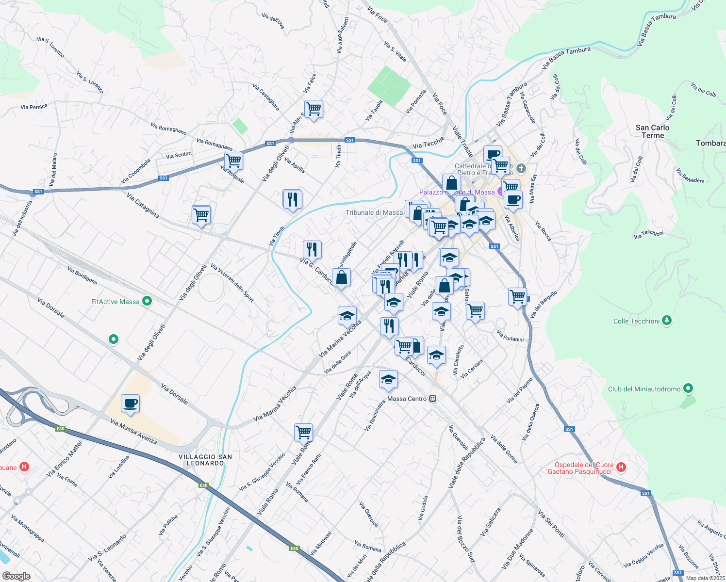 map of restaurants, bars, coffee shops, grocery stores, and more near 27 Via Fratelli Rosselli in Massa