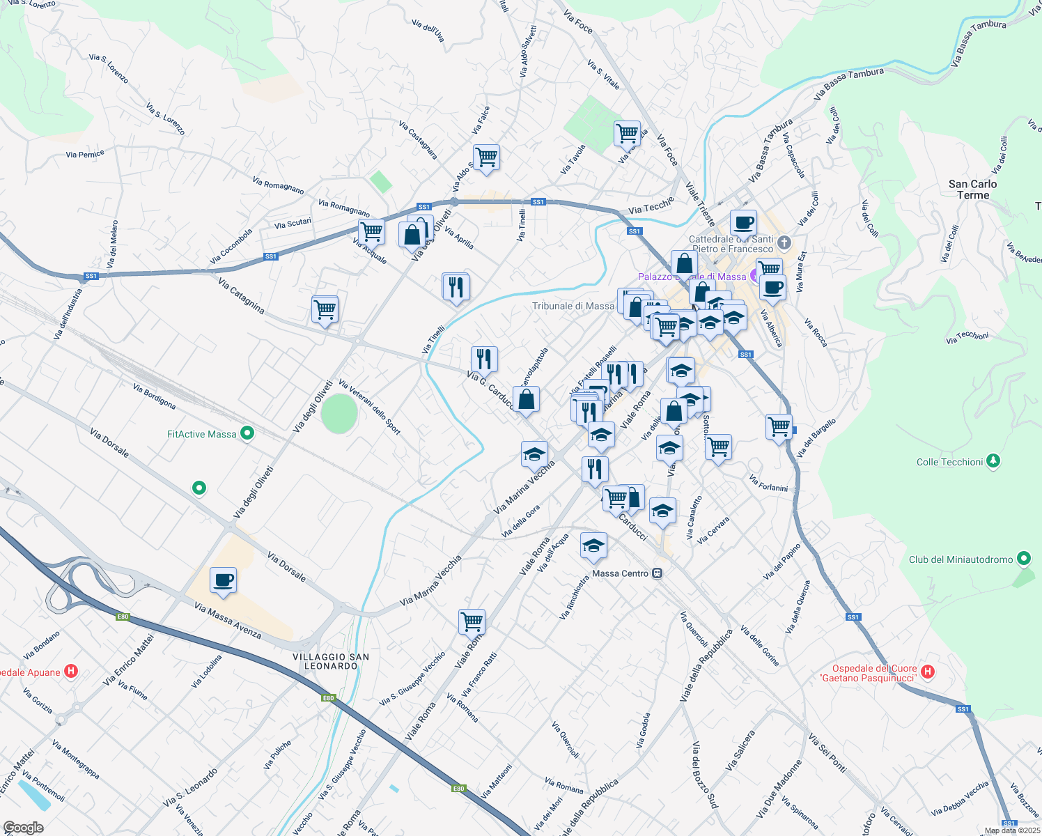 map of restaurants, bars, coffee shops, grocery stores, and more near 141 Via G. Carducci in Massa