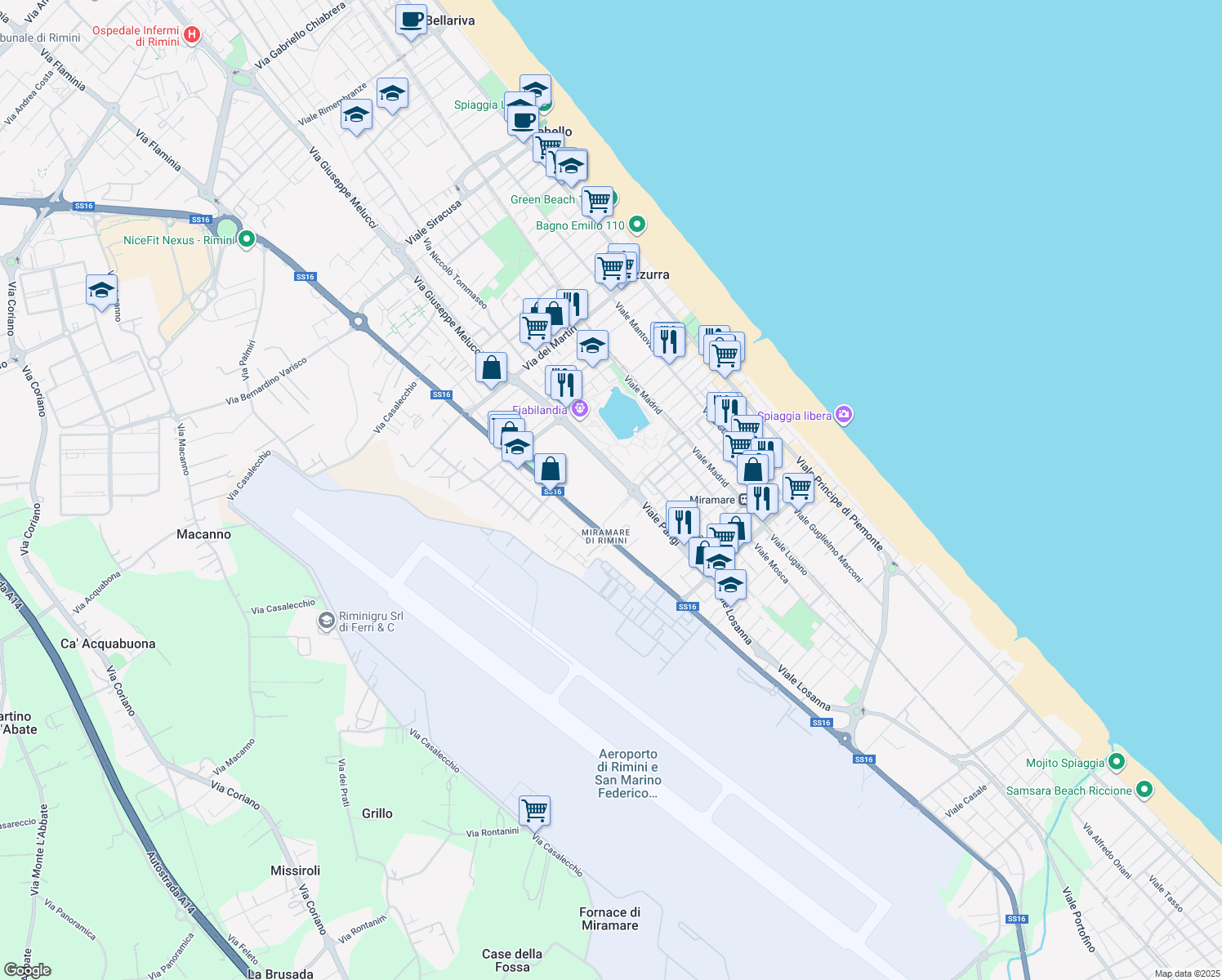 map of restaurants, bars, coffee shops, grocery stores, and more near Via Giorgio Ambrosoli in Rimini