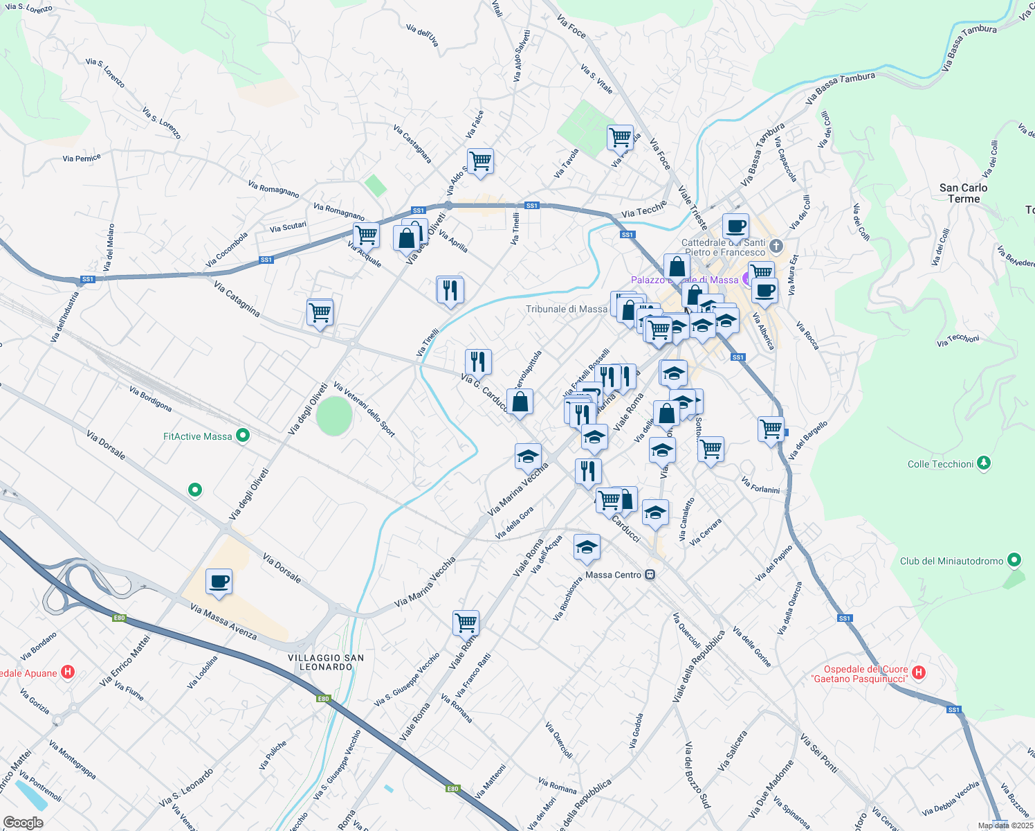 map of restaurants, bars, coffee shops, grocery stores, and more near 141 Via G. Carducci in Massa