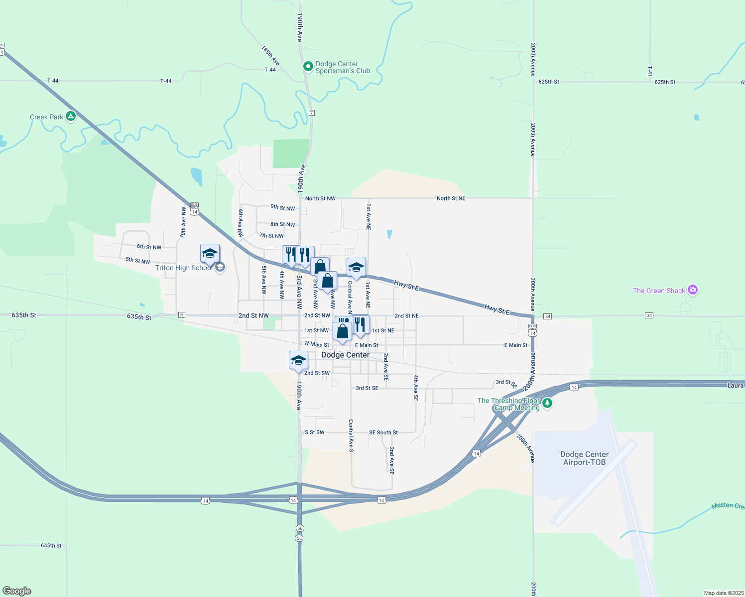 map of restaurants, bars, coffee shops, grocery stores, and more near 302 1st Avenue Northeast in Dodge Center