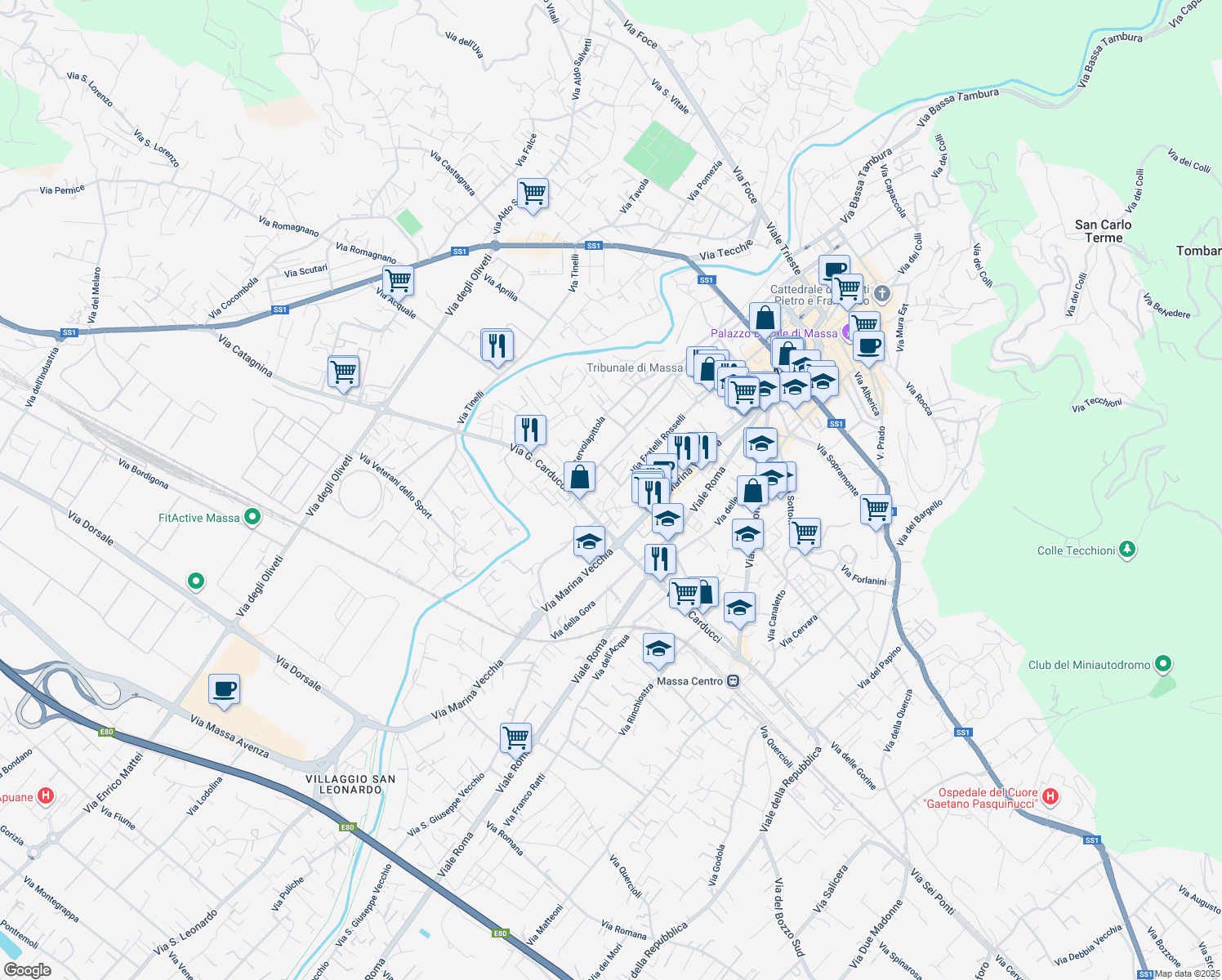 map of restaurants, bars, coffee shops, grocery stores, and more near 27 Via Fratelli Rosselli in Massa