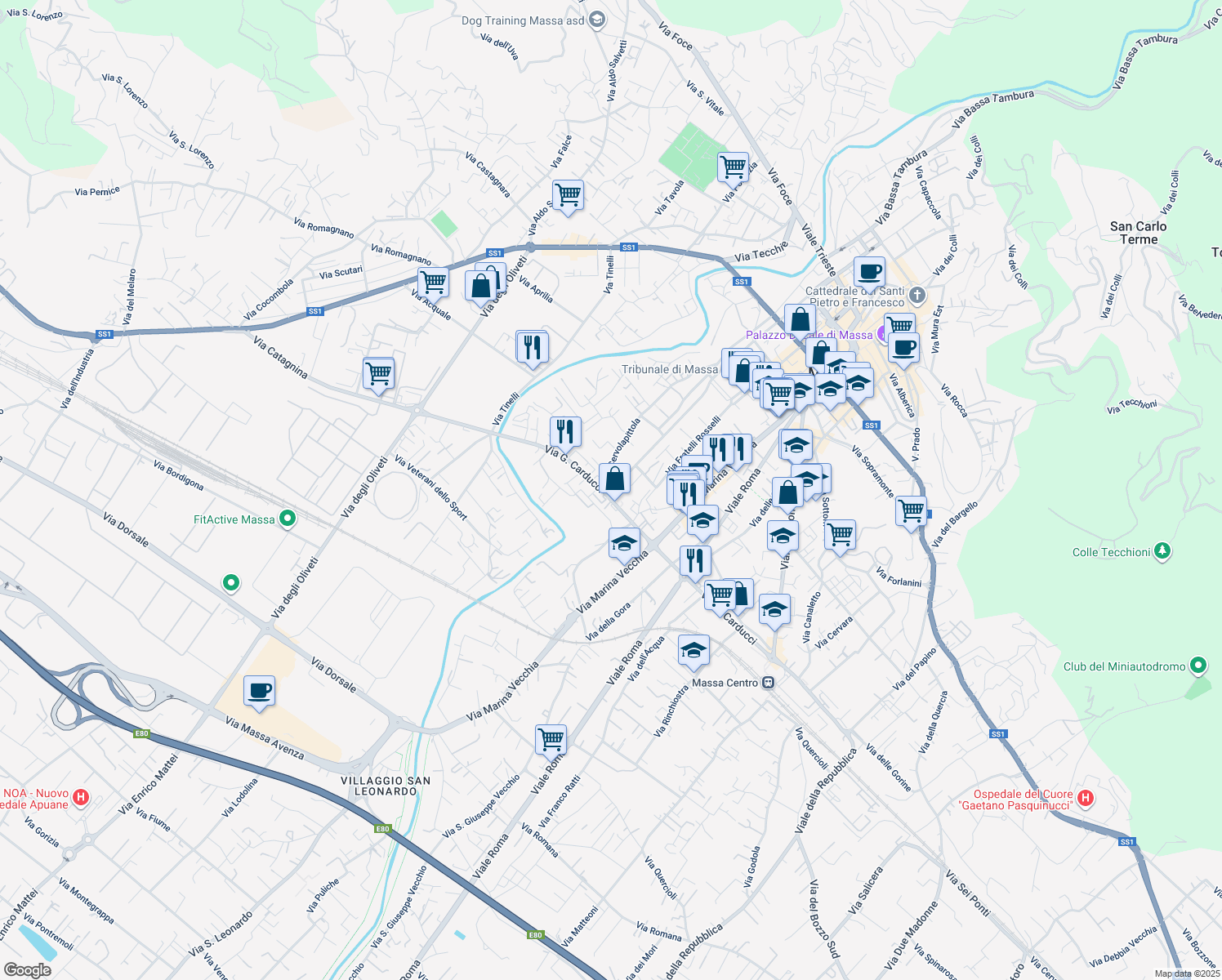 map of restaurants, bars, coffee shops, grocery stores, and more near 141 Via G. Carducci in Massa
