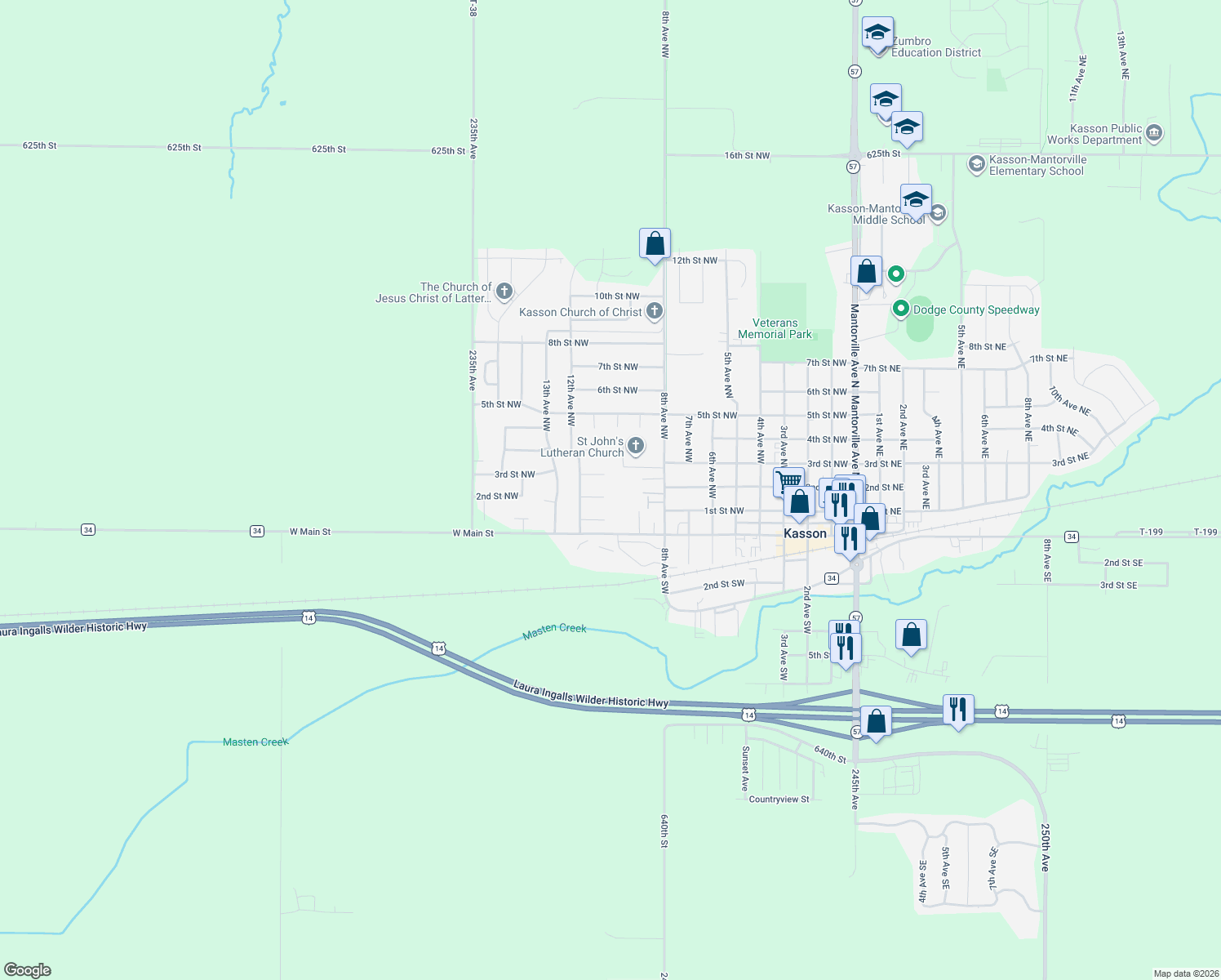 map of restaurants, bars, coffee shops, grocery stores, and more near 1001 2nd Place Northwest in Kasson