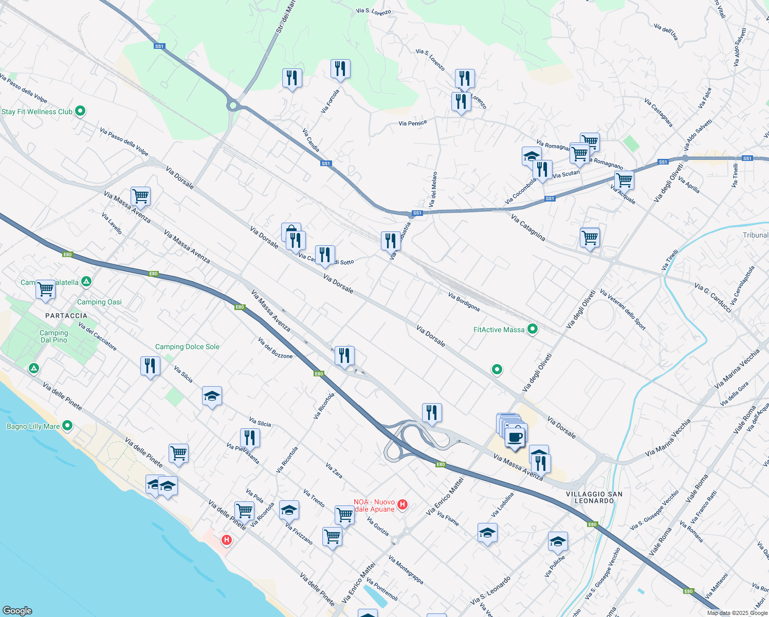 map of restaurants, bars, coffee shops, grocery stores, and more near 17 Via Dorsale in Massa