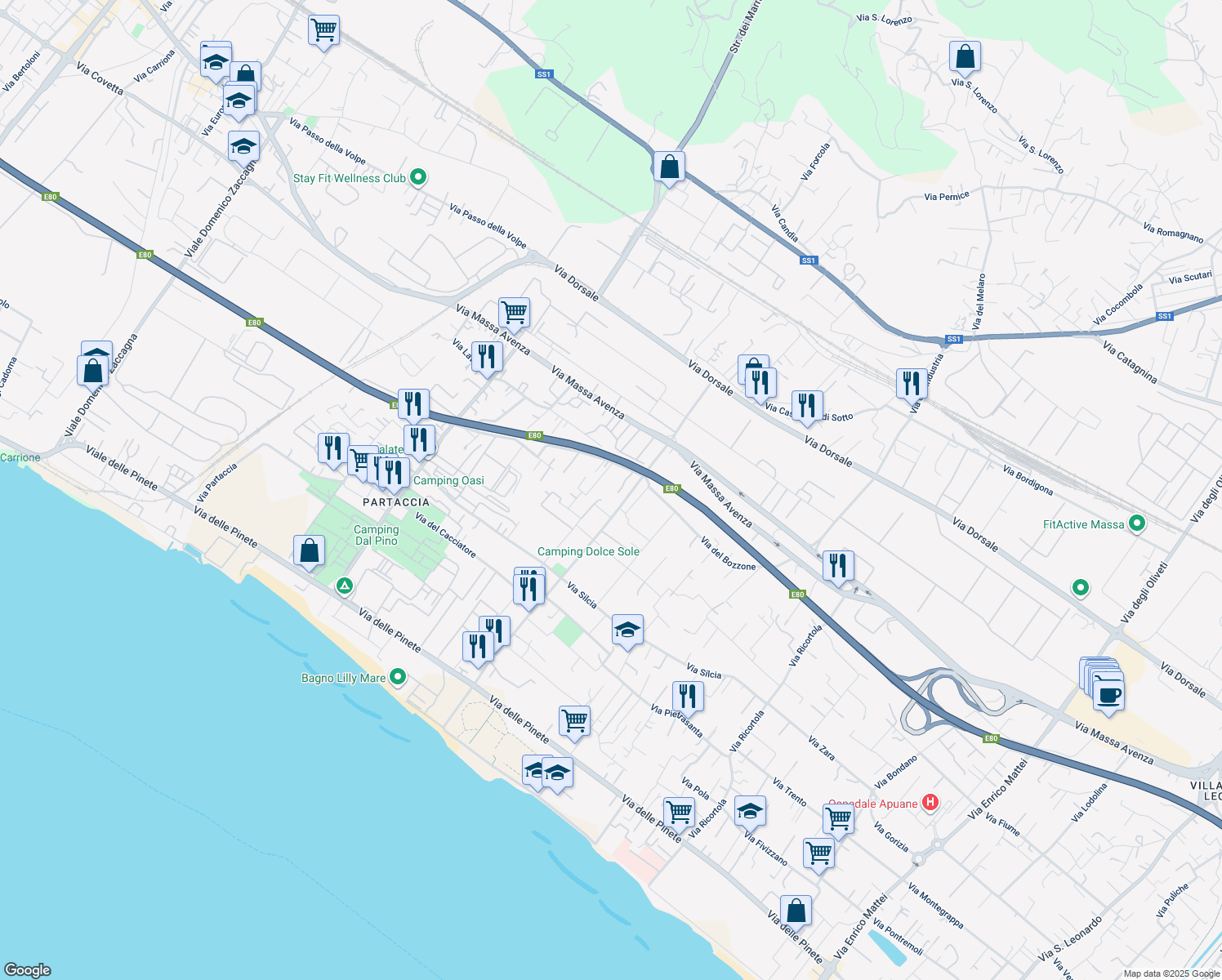 map of restaurants, bars, coffee shops, grocery stores, and more near 69 Via dei Campeggi in Marina di Massa