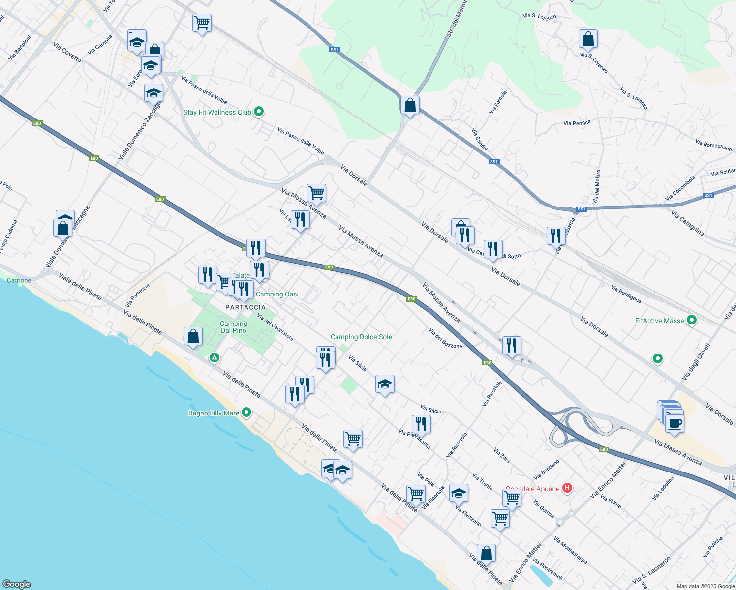 map of restaurants, bars, coffee shops, grocery stores, and more near 69 Via dei Campeggi in Marina di Massa