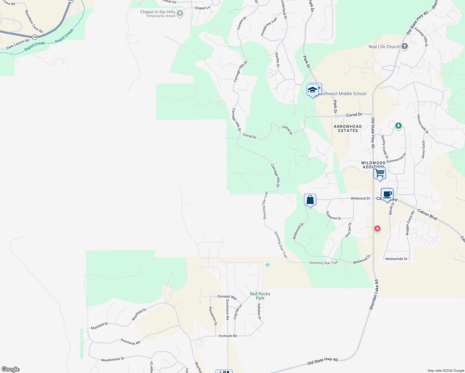map of restaurants, bars, coffee shops, grocery stores, and more near 4248 Westview Estates Drive in Rapid City