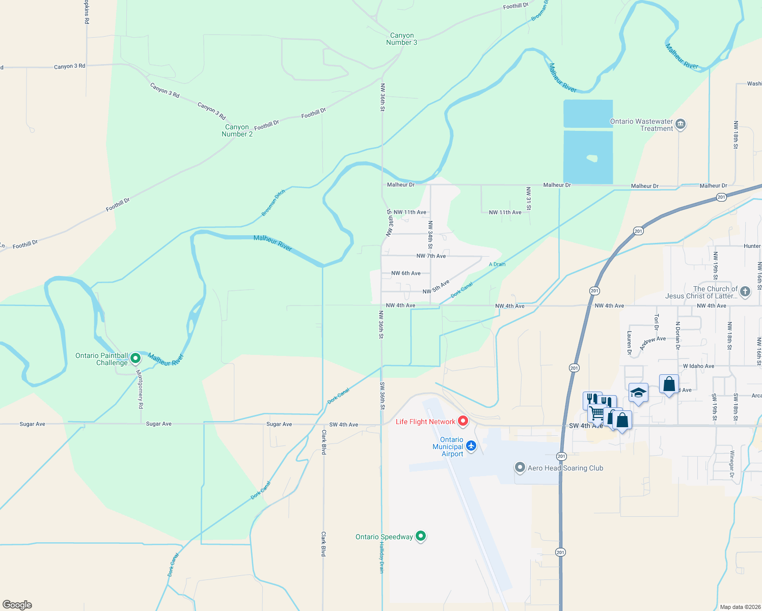 map of restaurants, bars, coffee shops, grocery stores, and more near 401 Northwest 36th Street in Ontario