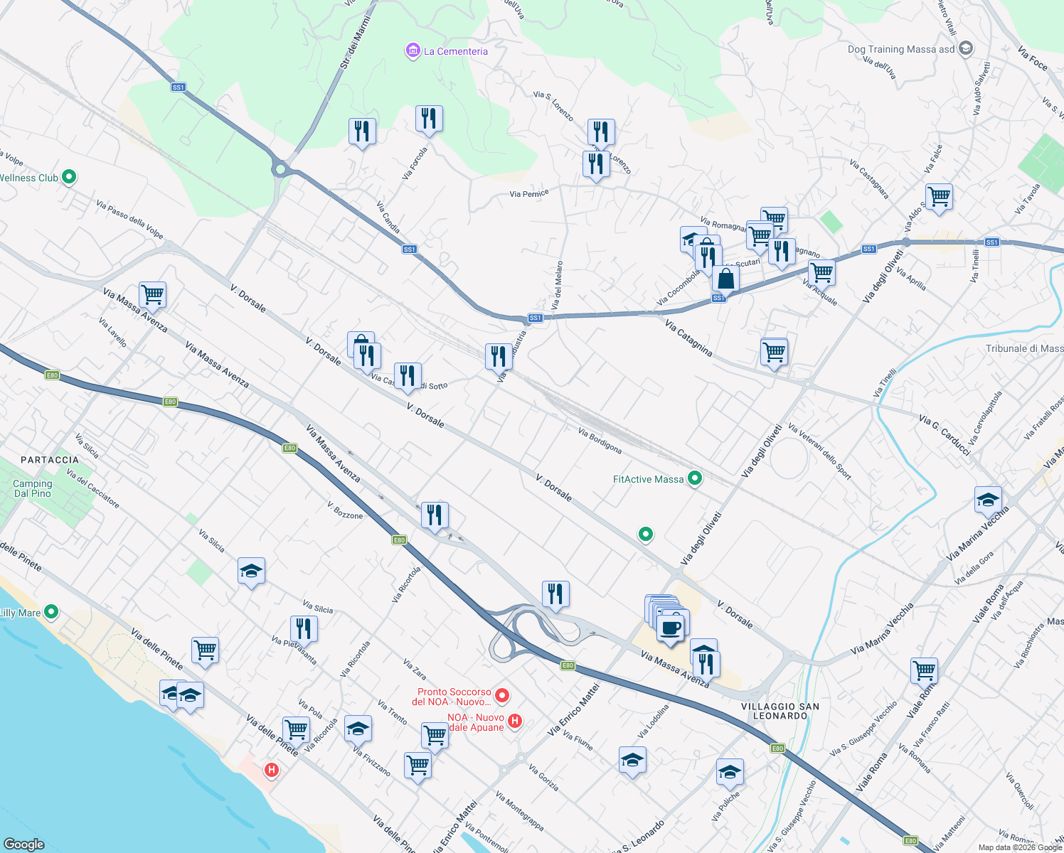 map of restaurants, bars, coffee shops, grocery stores, and more near 13 Via Bordigona in Massa