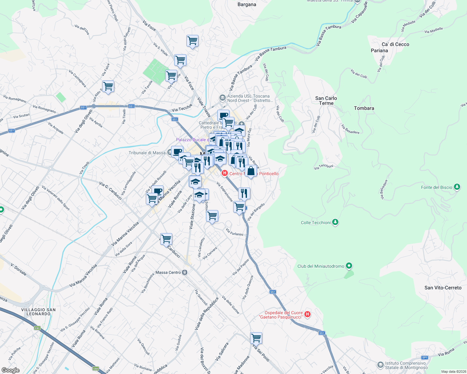 map of restaurants, bars, coffee shops, grocery stores, and more near 29-45 Strada Statale 1 Variante Aurelia di La Spezia in Massa