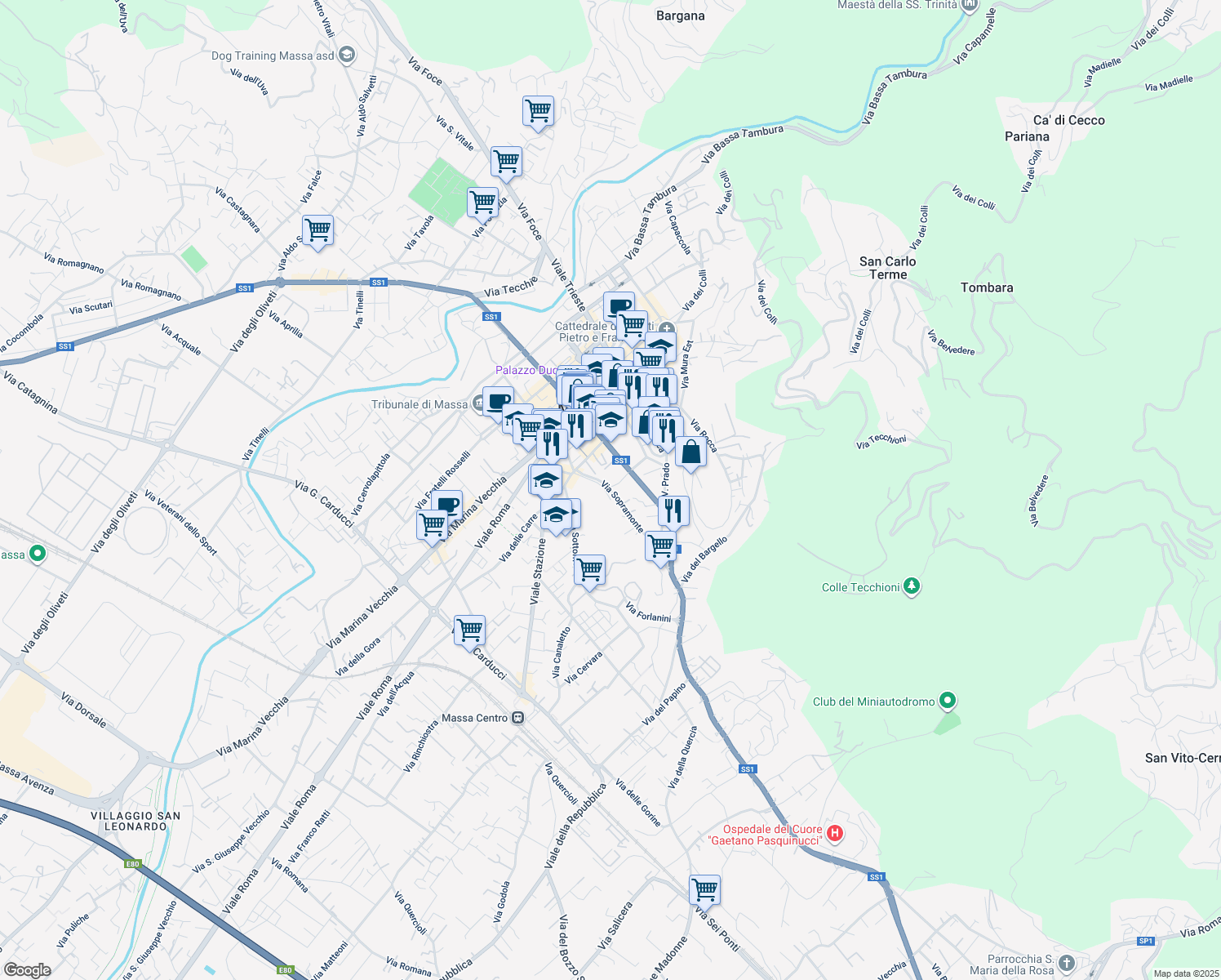 map of restaurants, bars, coffee shops, grocery stores, and more near 1-13 Via Ponticello Sud in Massa