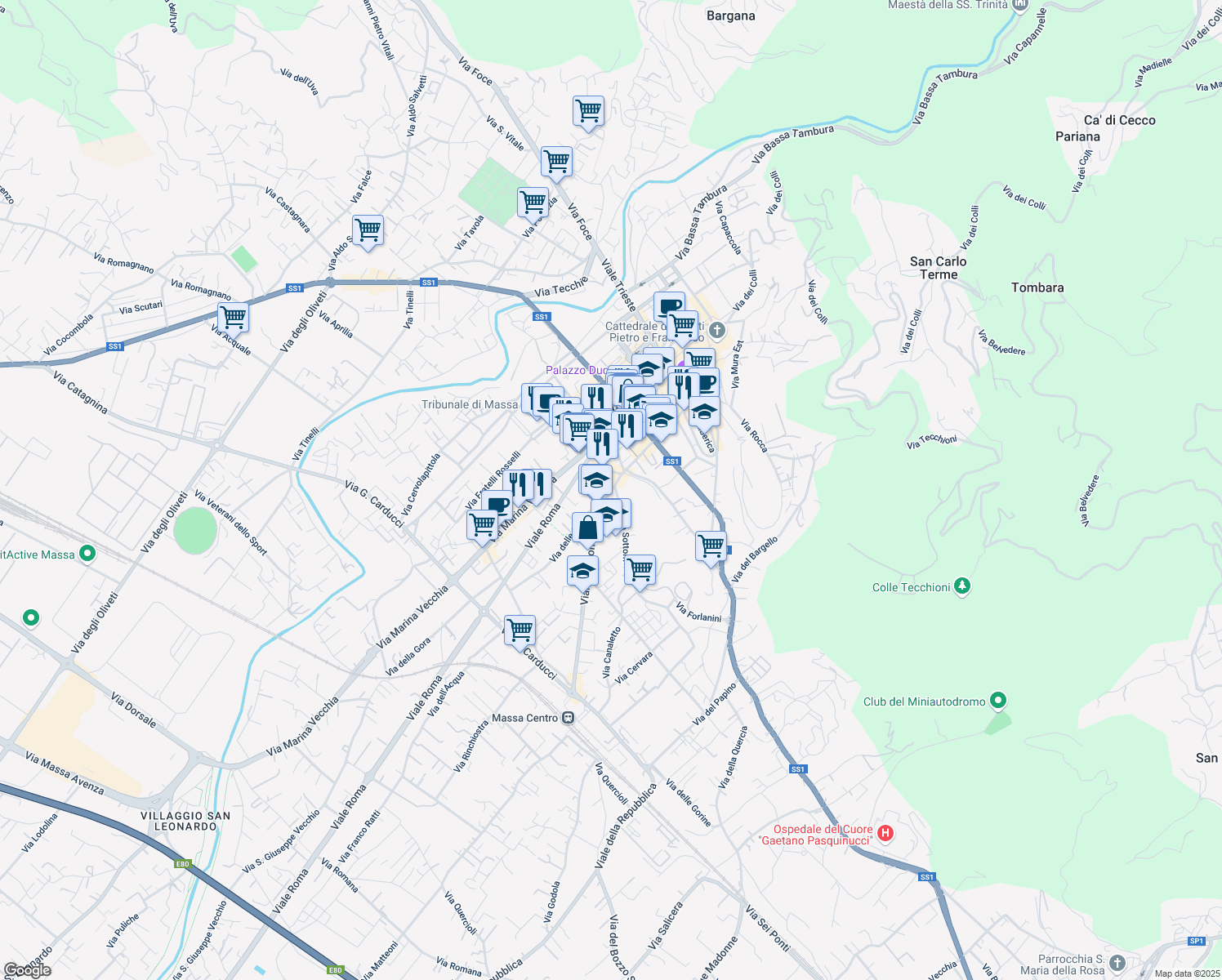 map of restaurants, bars, coffee shops, grocery stores, and more near 5-7 Via Alessandro Bergamini in Massa