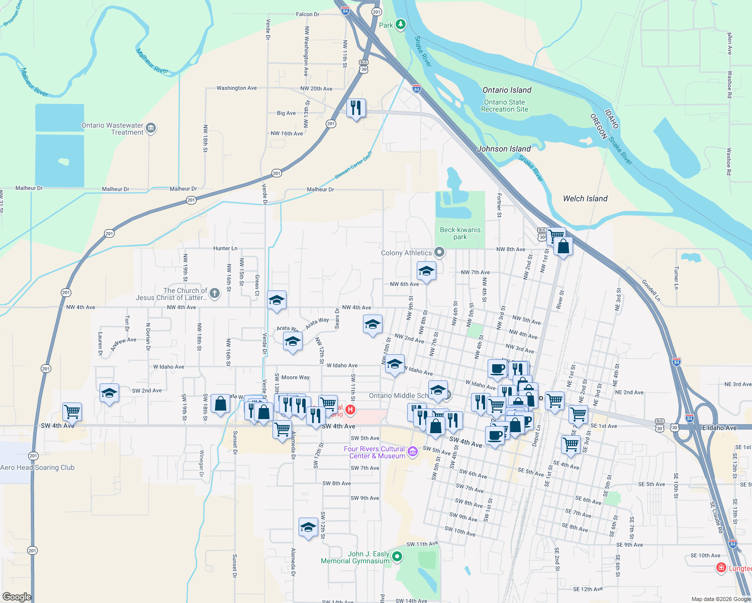 map of restaurants, bars, coffee shops, grocery stores, and more near 454 Northwest 10th Drive in Ontario