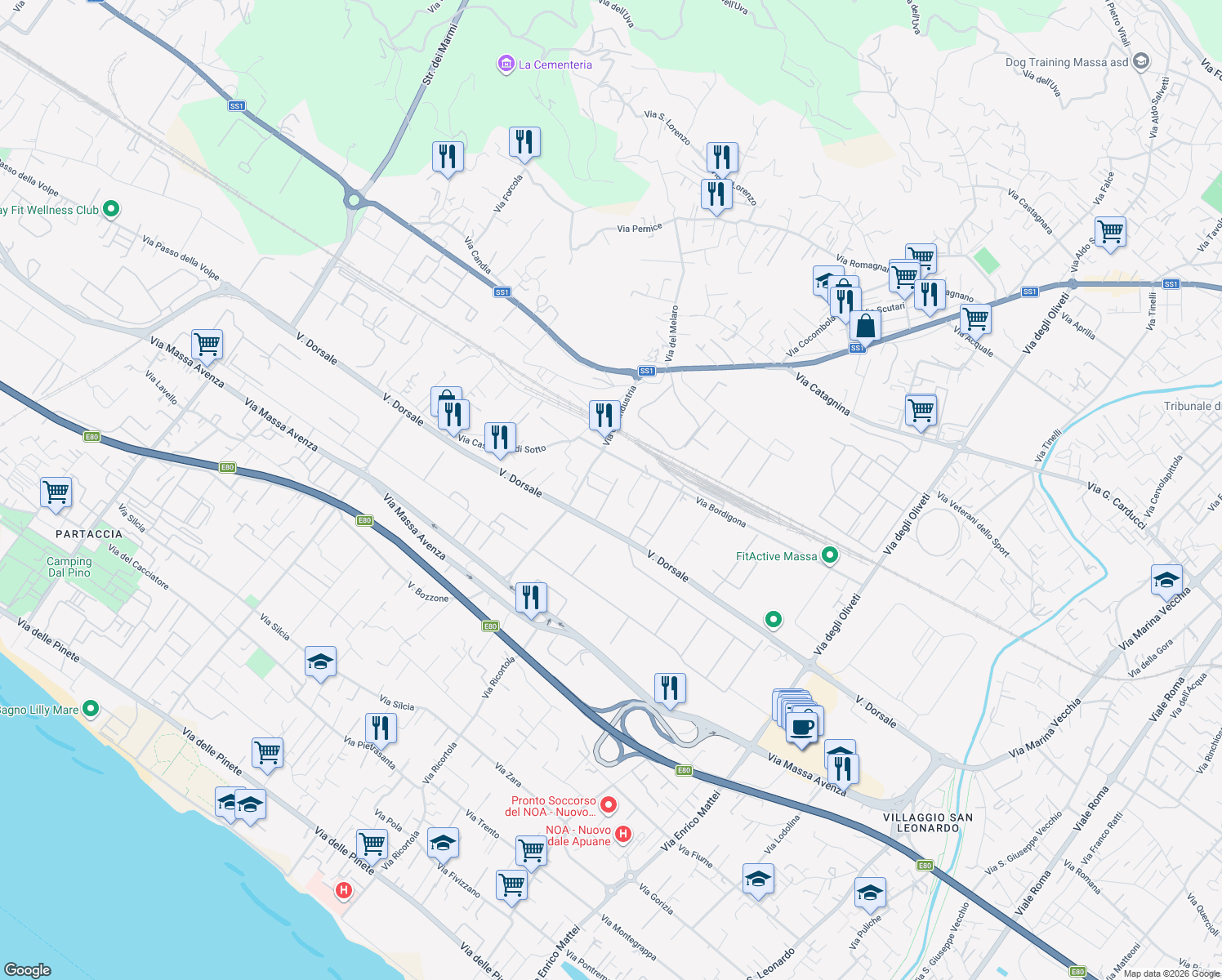 map of restaurants, bars, coffee shops, grocery stores, and more near 46 Via Dorsale in Massa