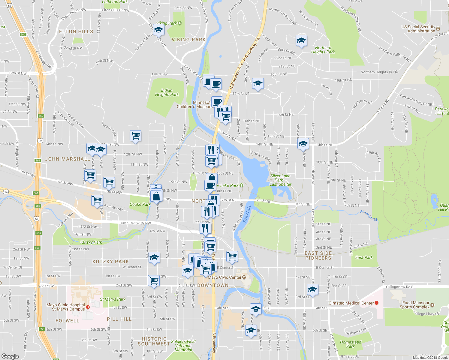 map of restaurants, bars, coffee shops, grocery stores, and more near 31 9th Street Northeast in Rochester