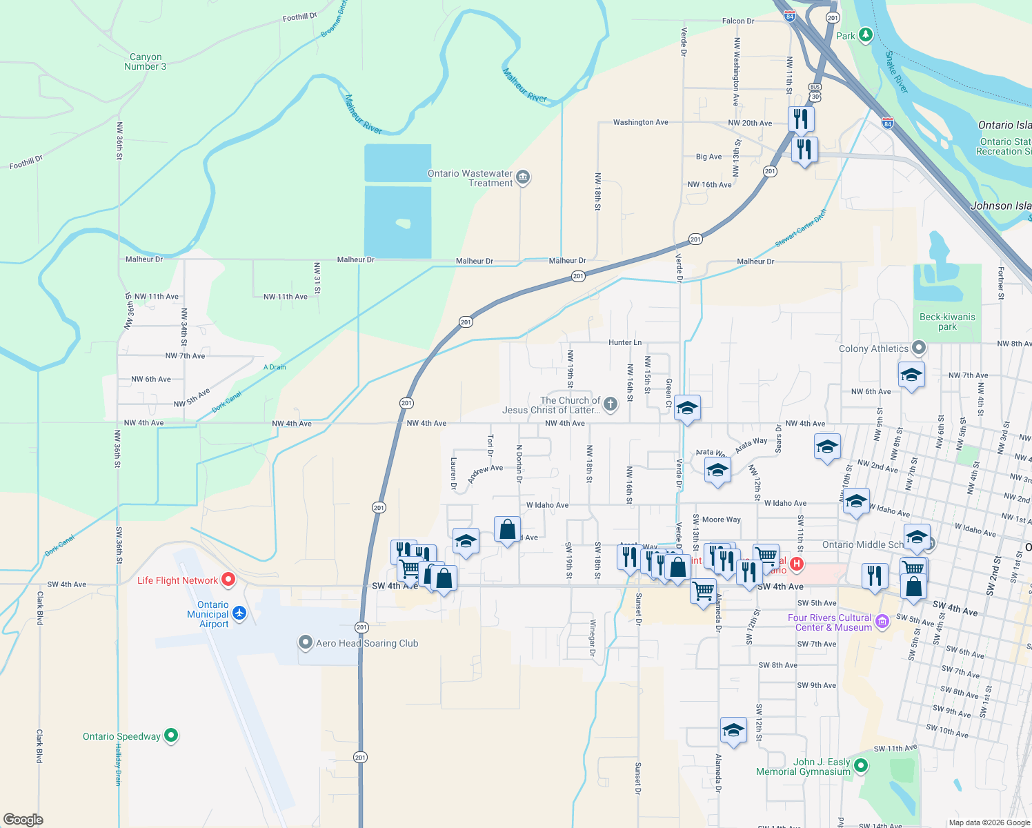 map of restaurants, bars, coffee shops, grocery stores, and more near 436 North Dorian Drive in Ontario
