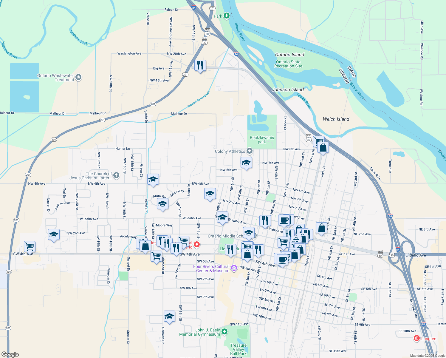 map of restaurants, bars, coffee shops, grocery stores, and more near 1022 NW 5th Ave in Ontario