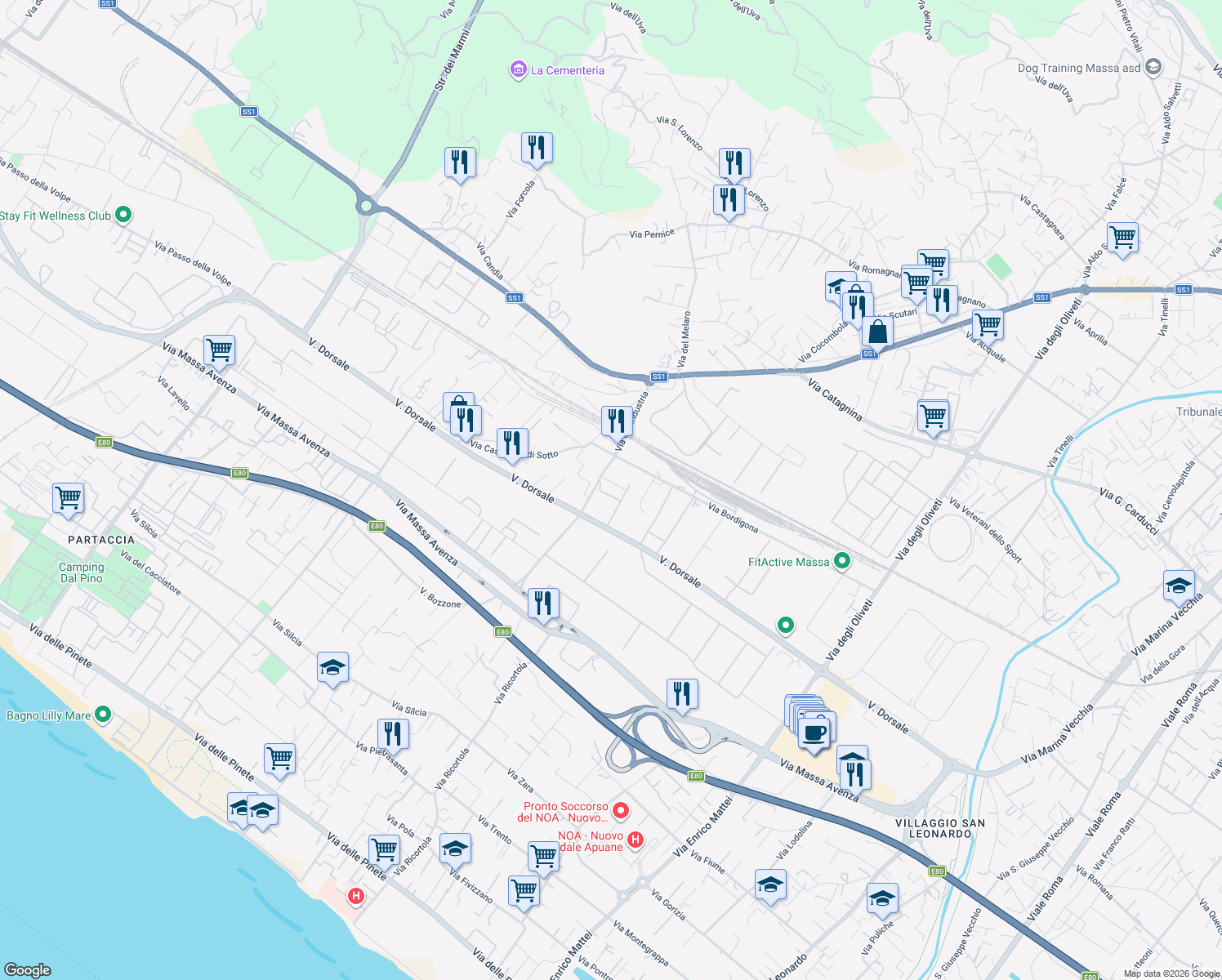 map of restaurants, bars, coffee shops, grocery stores, and more near 46 Via Dorsale in Massa