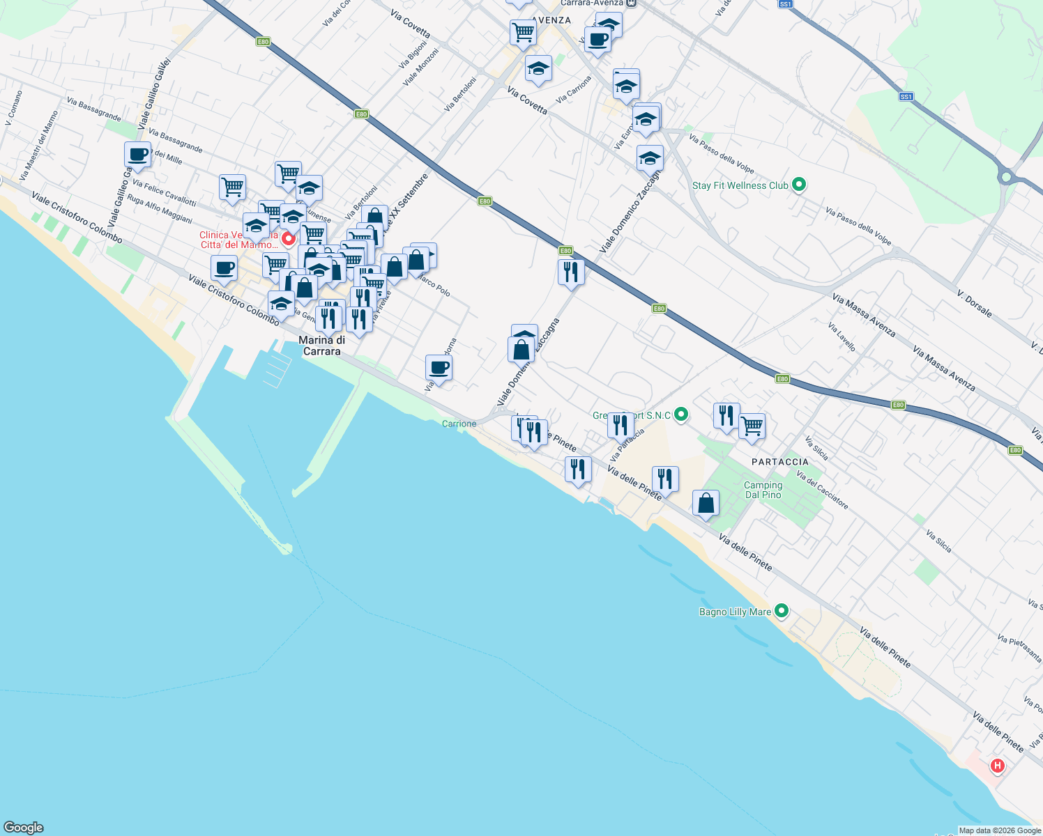 map of restaurants, bars, coffee shops, grocery stores, and more near 16 Via delle Pinete in Marina di Carrara