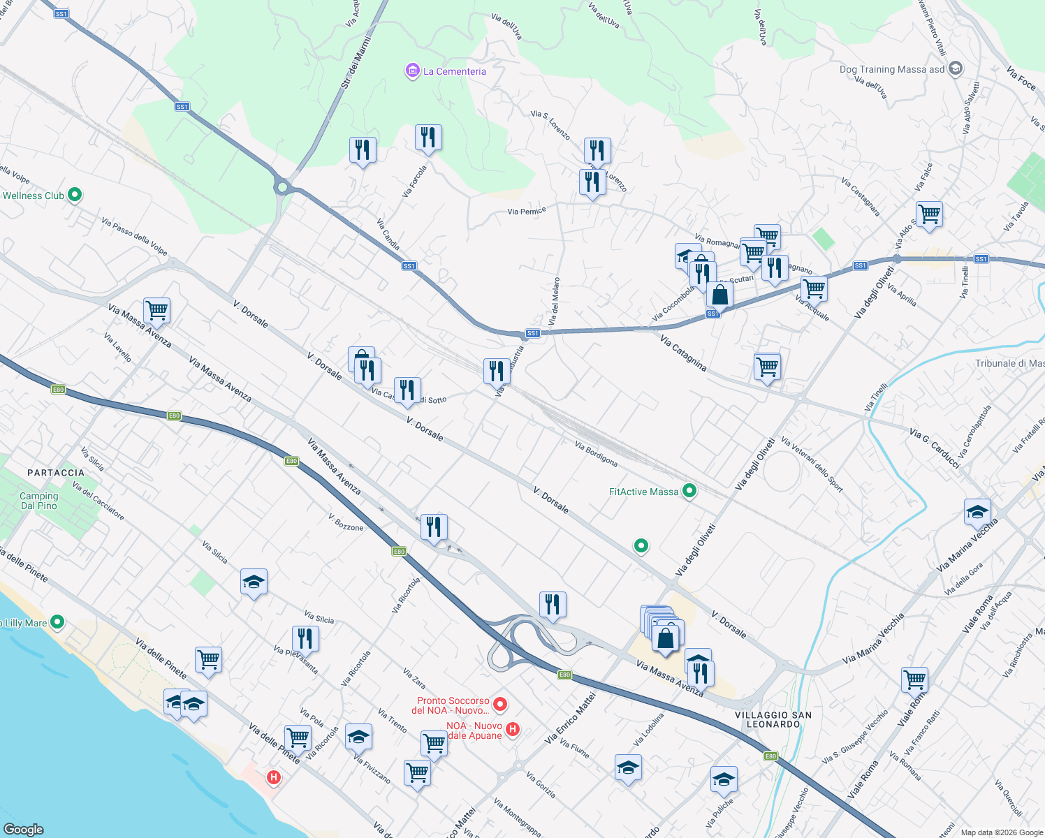 map of restaurants, bars, coffee shops, grocery stores, and more near 13 Via Bordigona in Massa