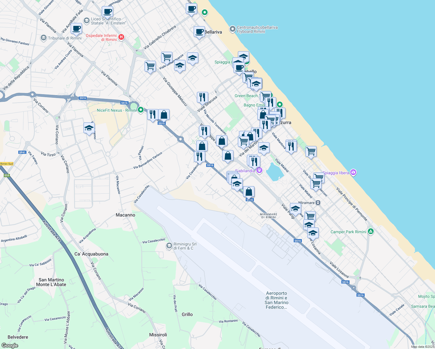 map of restaurants, bars, coffee shops, grocery stores, and more near in Rimini
